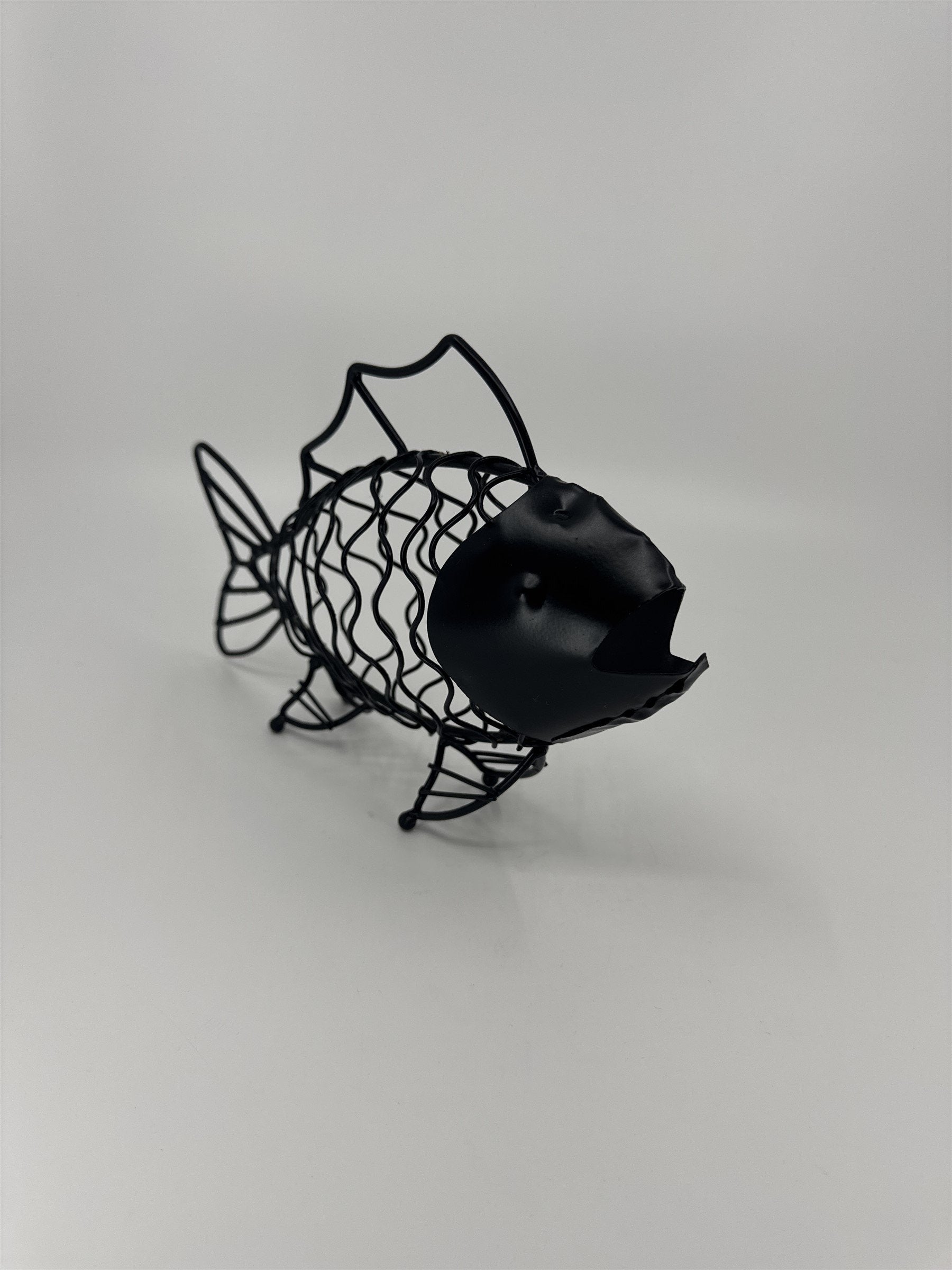 Boho Art Deco Metal Fish /w Fins and Open Mouth Black Metal Sculpture
