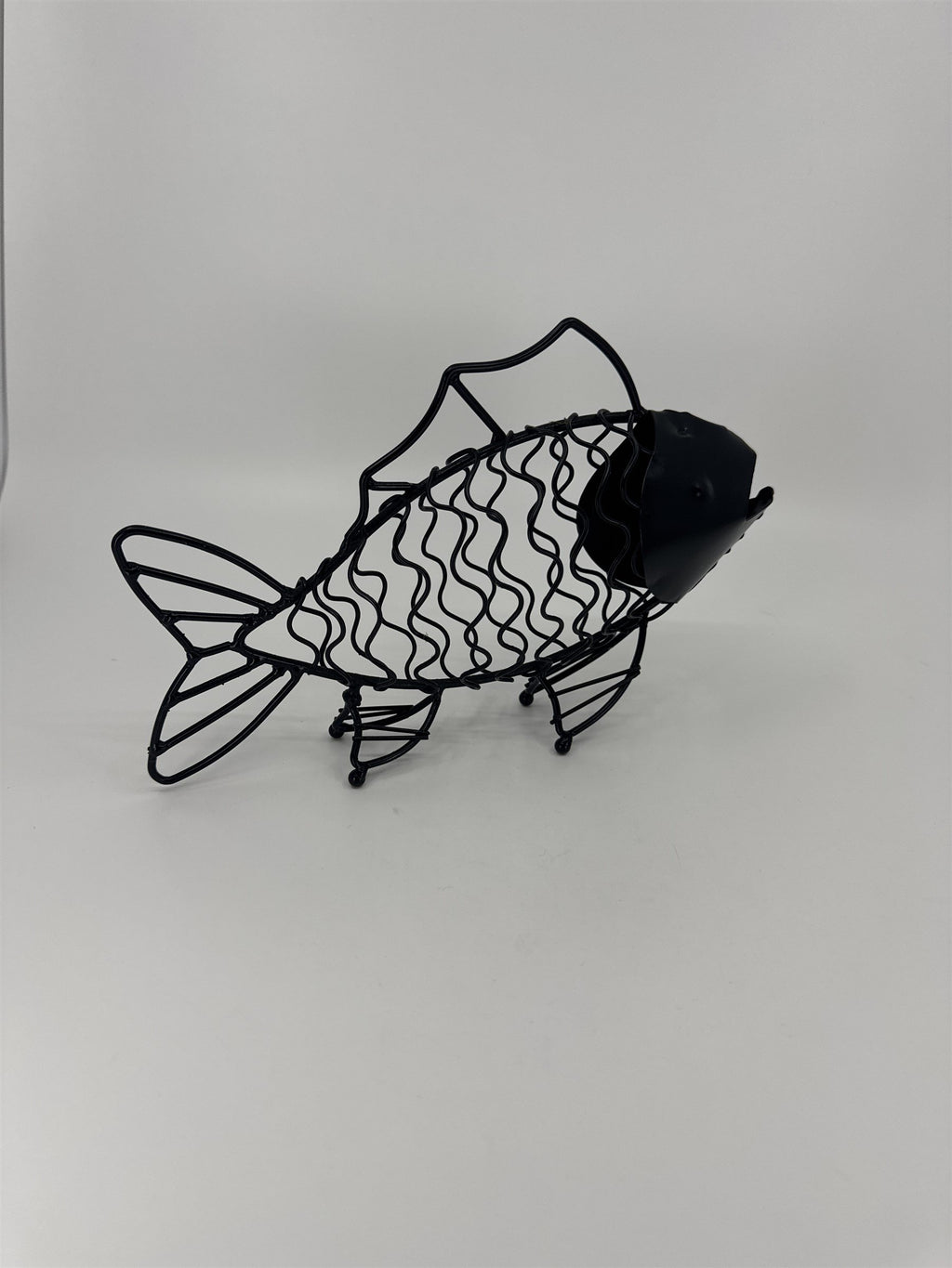 Boho Art Deco Metal Fish /w Fins and Open Mouth Black Metal Sculpture