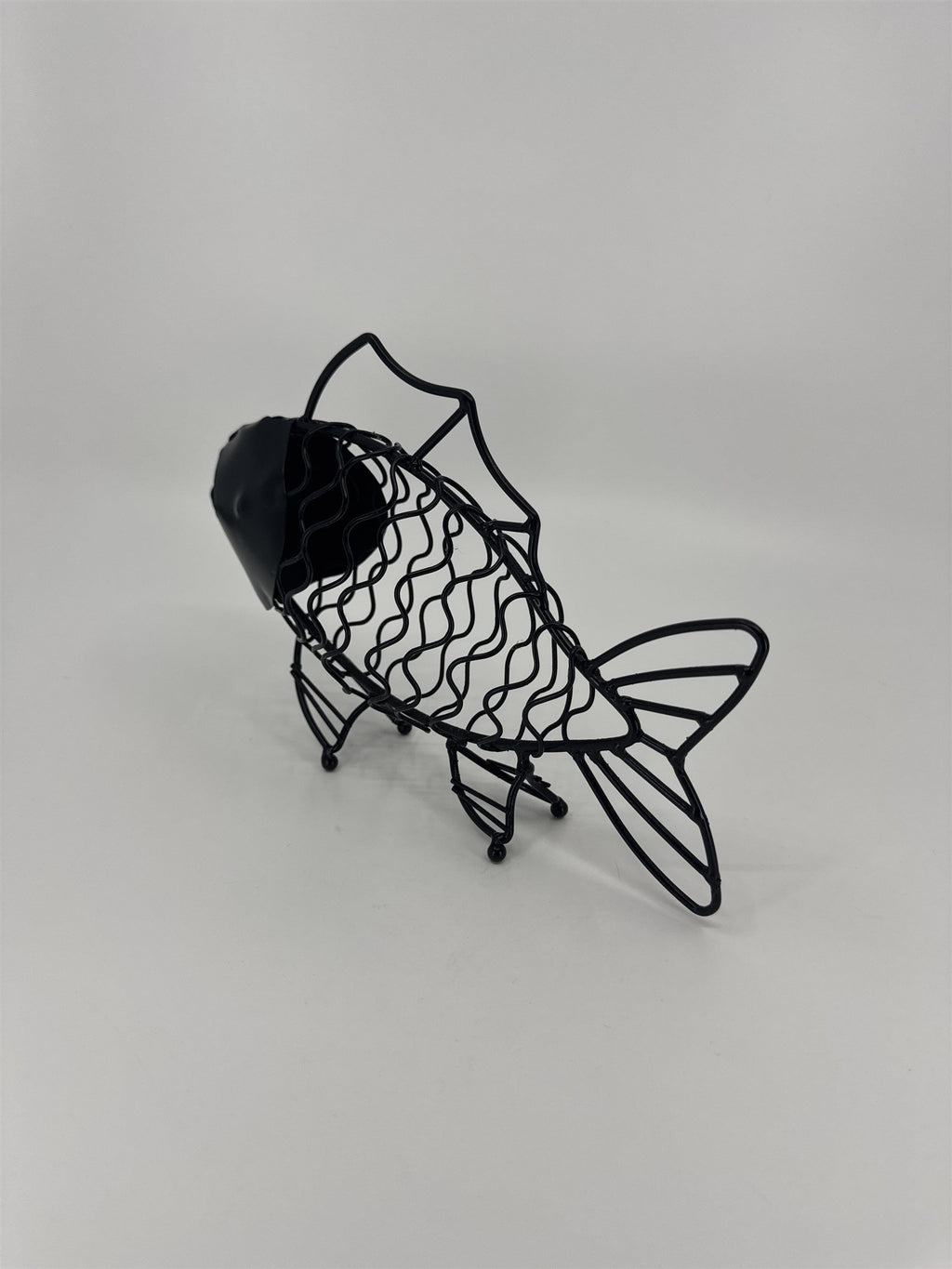 Boho Art Deco Metal Fish /w Fins and Open Mouth Black Metal Sculpture