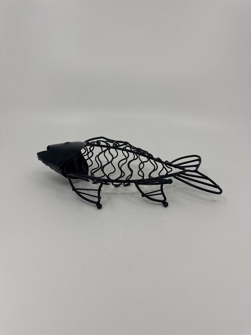 Boho Art Deco Metal Fish /w Fins and Open Mouth Black Metal Sculpture