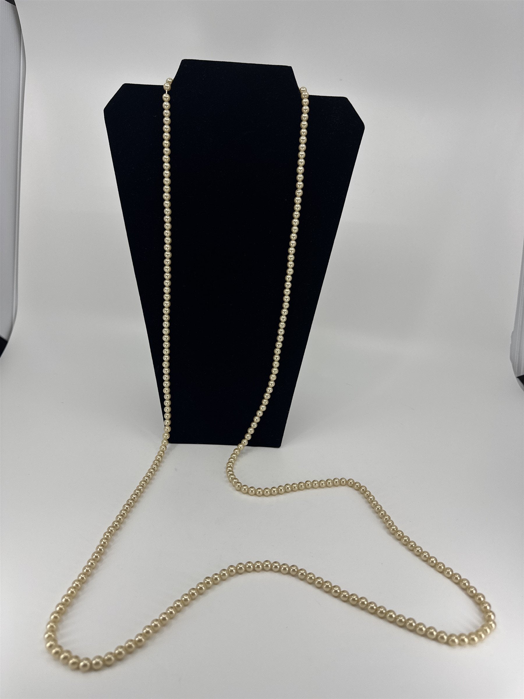 Vintage Extra Long Faux Champagne Pearl Beaded Necklace Shiny Metallic