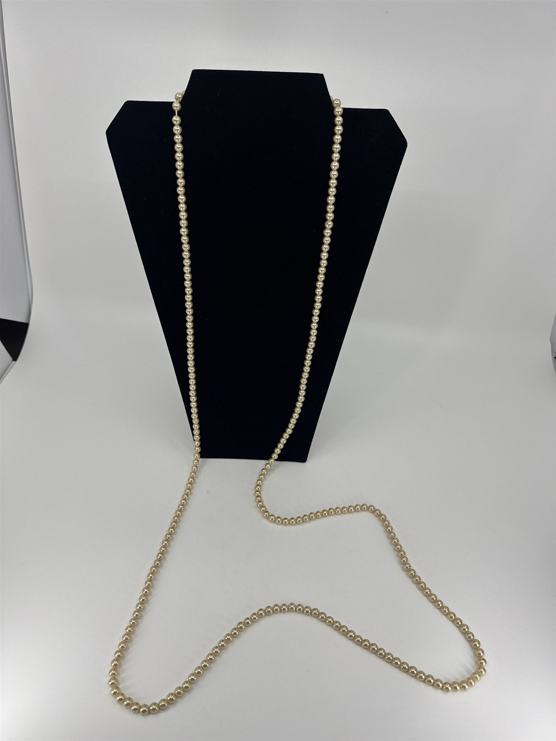 Vintage Extra Long Faux Champagne Pearl Beaded Necklace Shiny Metallic
