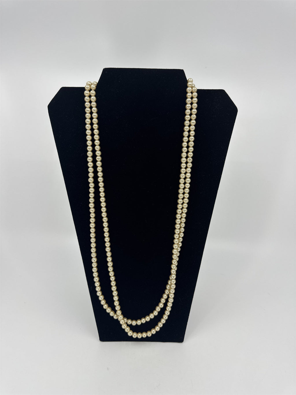Vintage Extra Long Faux Champagne Pearl Beaded Necklace Shiny Metallic