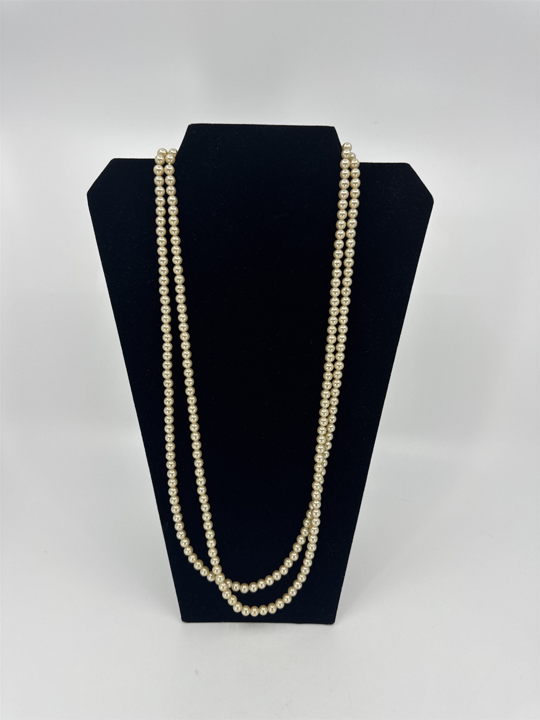 Vintage Extra Long Faux Champagne Pearl Beaded Necklace Shiny Metallic