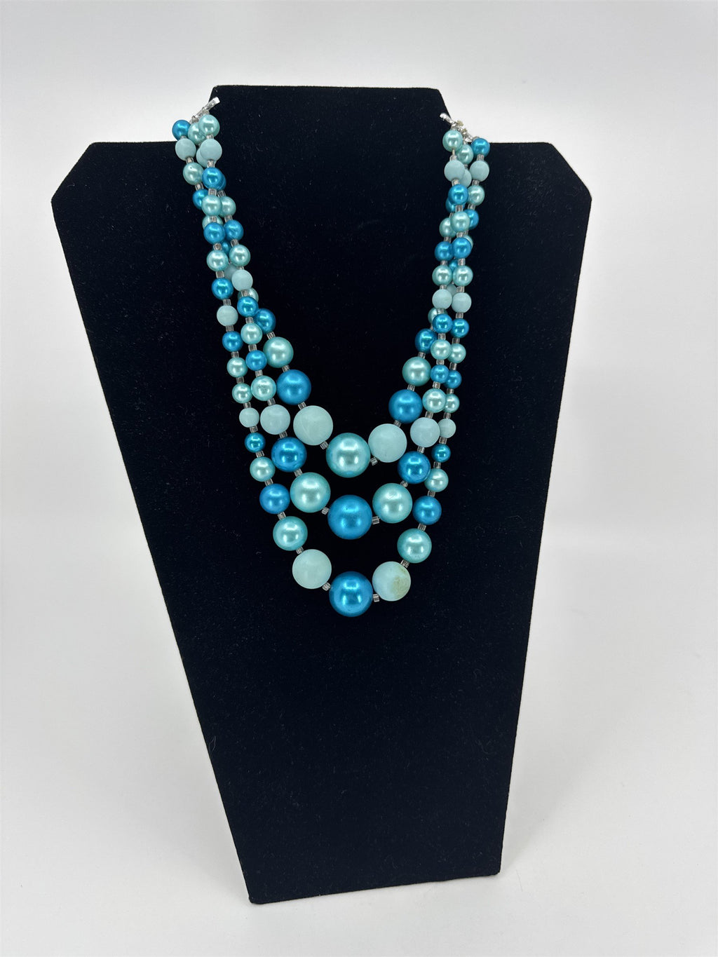 Vintage JAPAN Costume Jewelry Faux Pearl Two Toned Icy Blue 3-Strand Necklace
