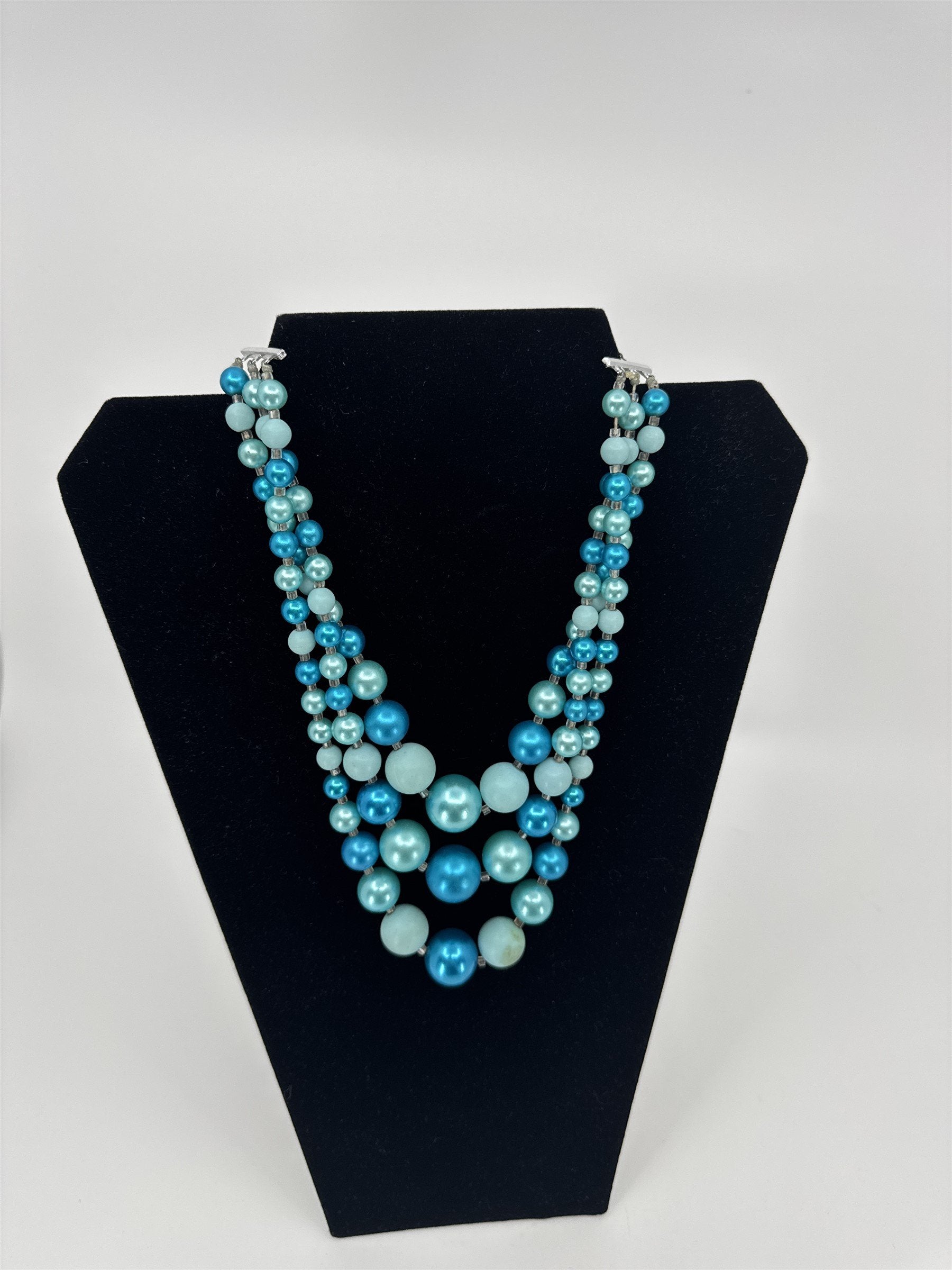Vintage JAPAN Costume Jewelry Faux Pearl Two Toned Icy Blue 3-Strand Necklace