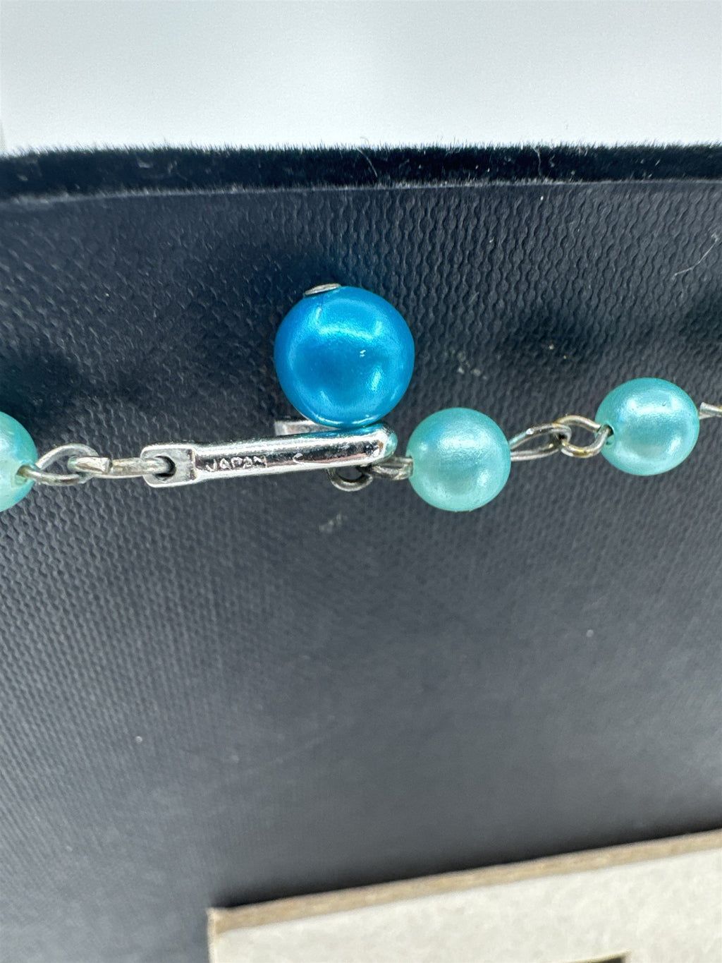 Vintage JAPAN Costume Jewelry Faux Pearl Two Toned Icy Blue 3-Strand Necklace