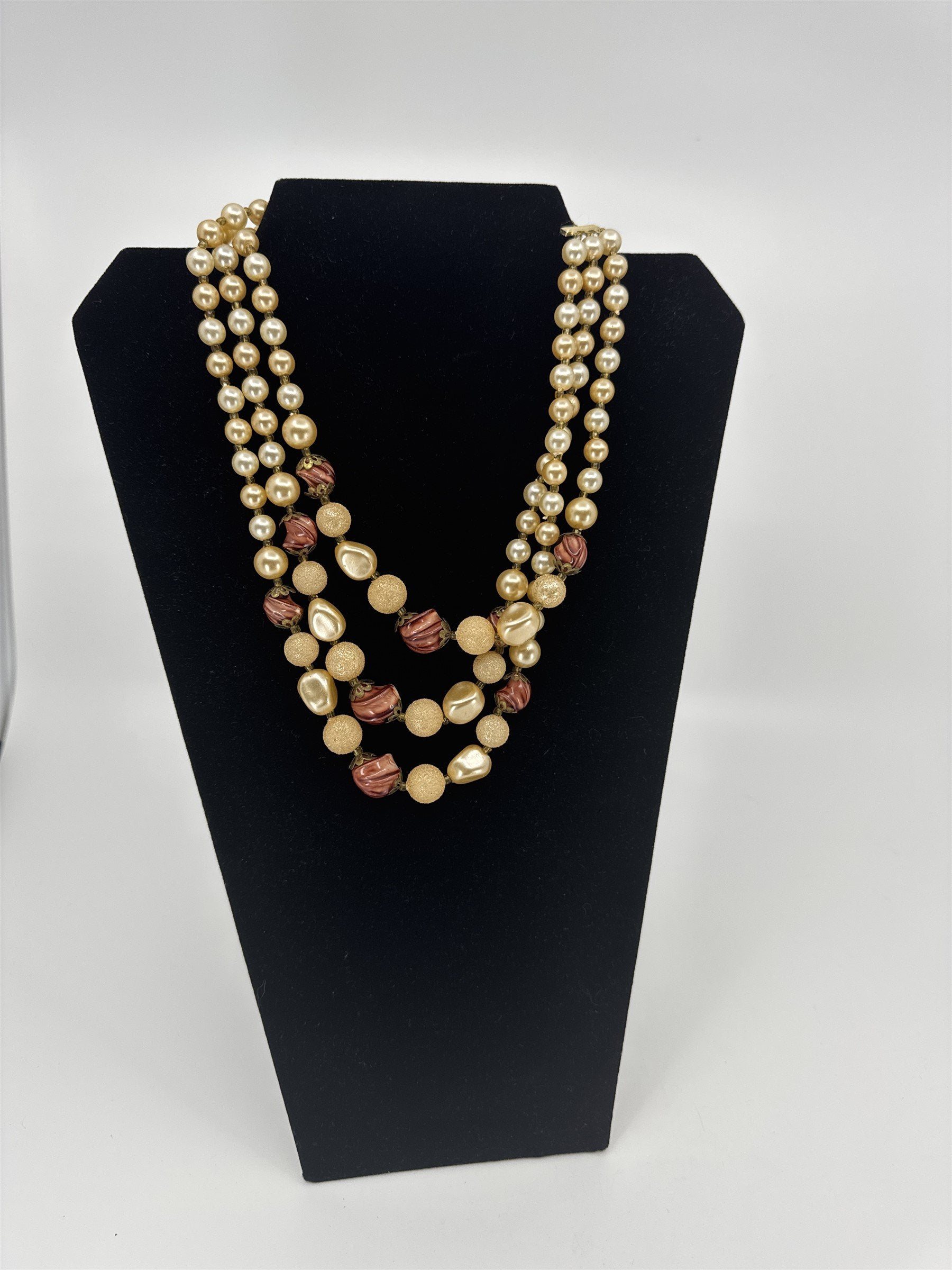 Vintage Womens Necklace 3-Strand Rose Champagne Costume Jewelry Boho Beads