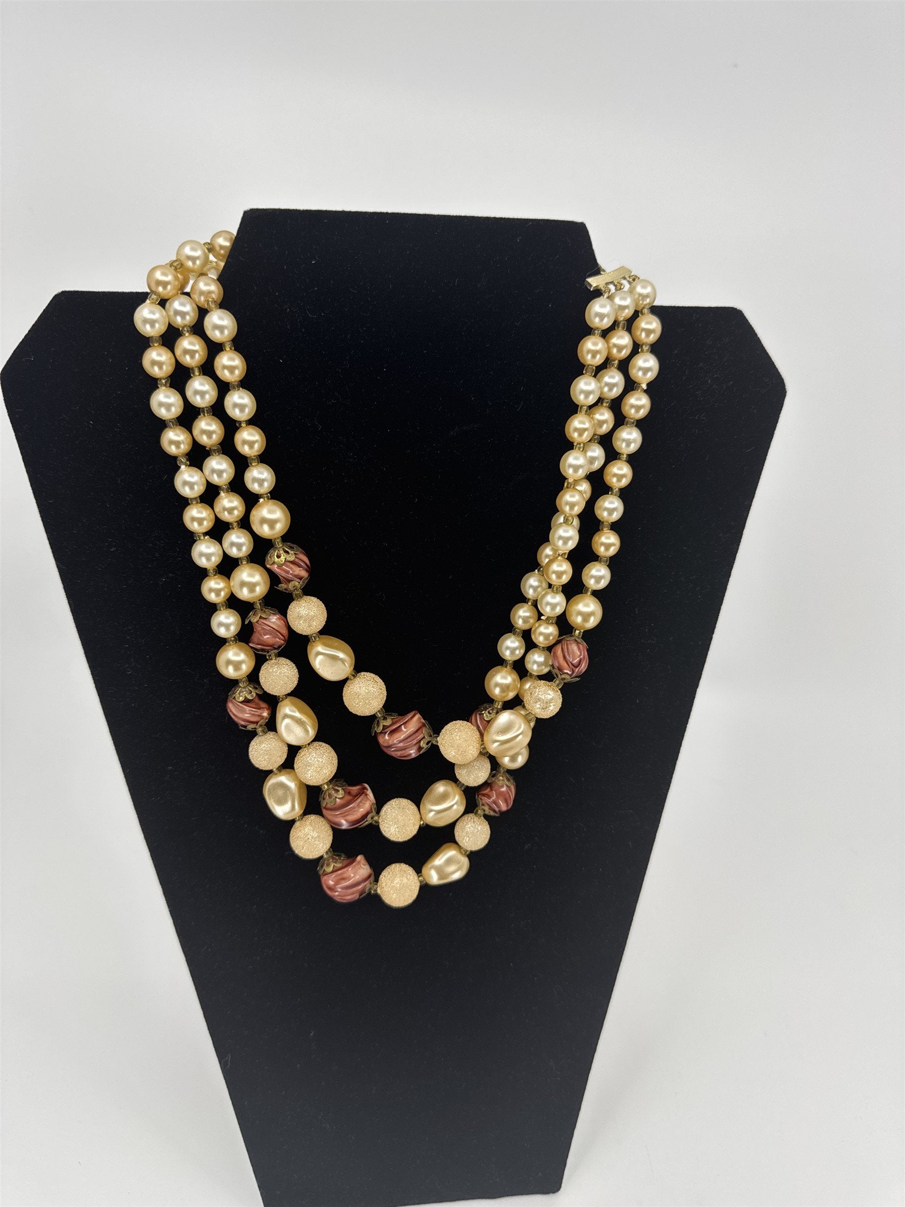 Vintage Womens Necklace 3-Strand Rose Champagne Costume Jewelry Boho Beads