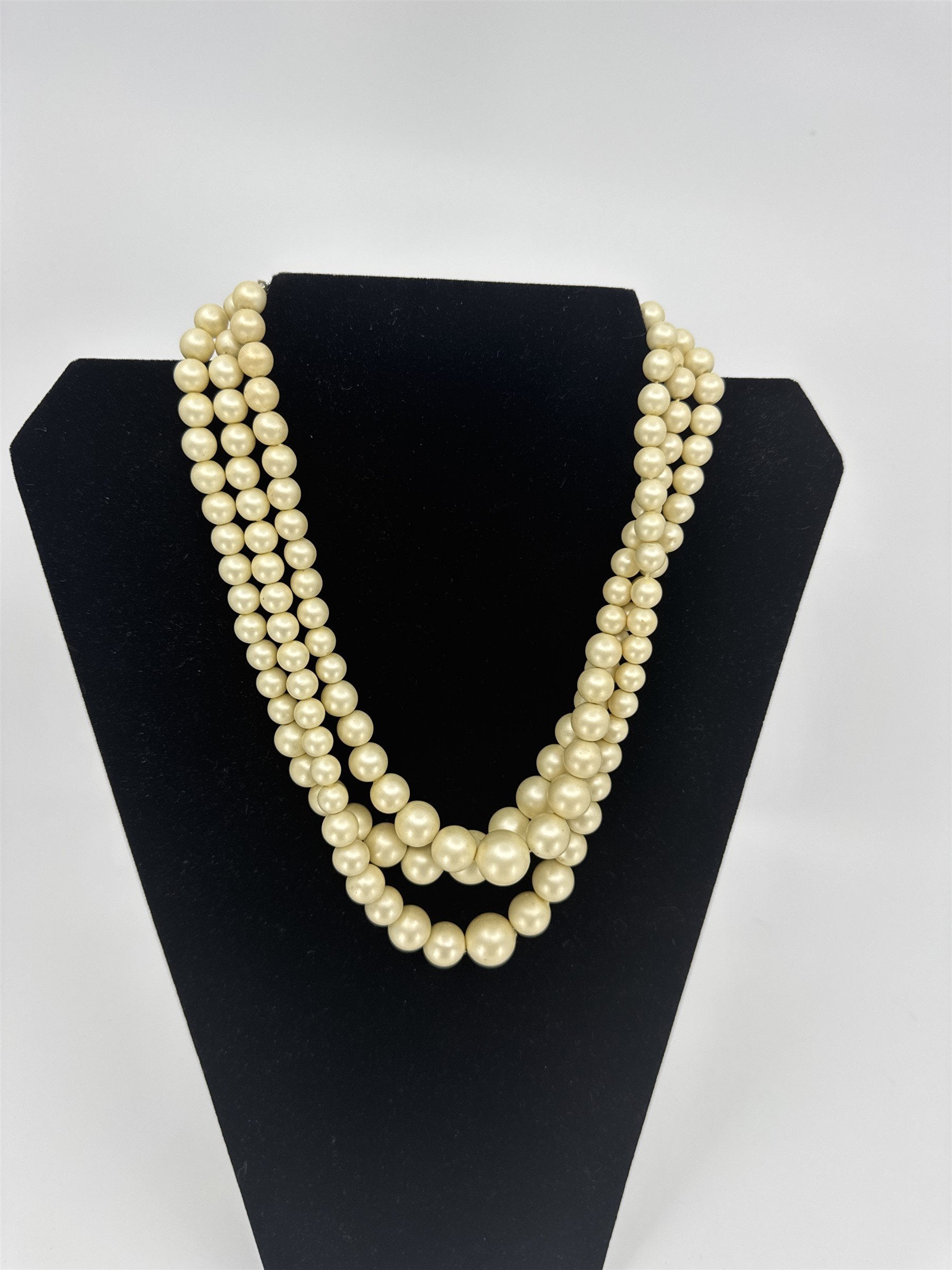 Vintage Hong Kong Costume Jewelry Faux Pearl 3-Strand Necklace