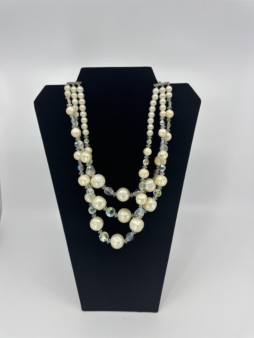 Vintage Costume Jewelry Faux Pearl Comet Asteroid Crystal Three-Strand Necklace