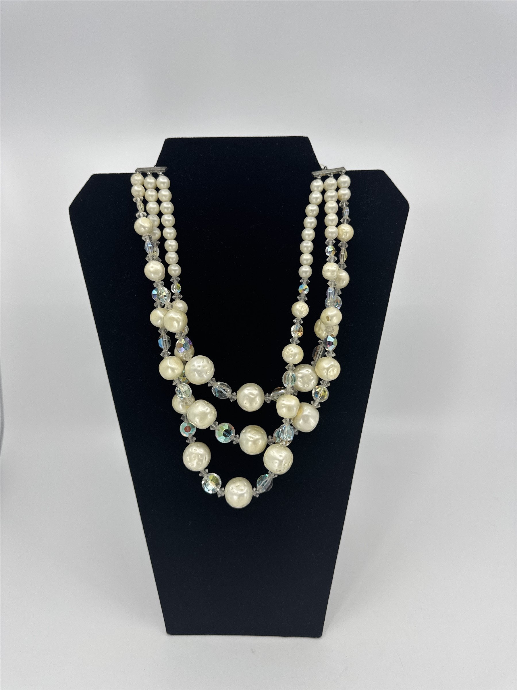 Vintage Costume Jewelry Faux Pearl Comet Asteroid Crystal Three-Strand Necklace