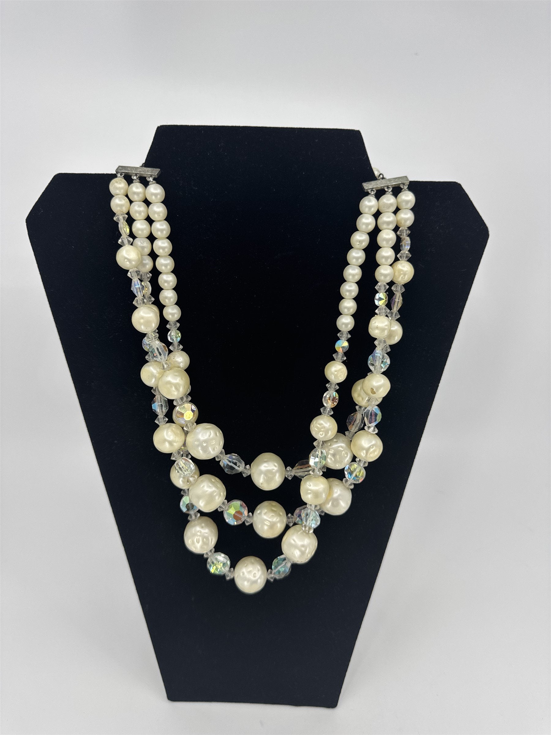 Vintage Costume Jewelry Faux Pearl Comet Asteroid Crystal Three-Strand Necklace