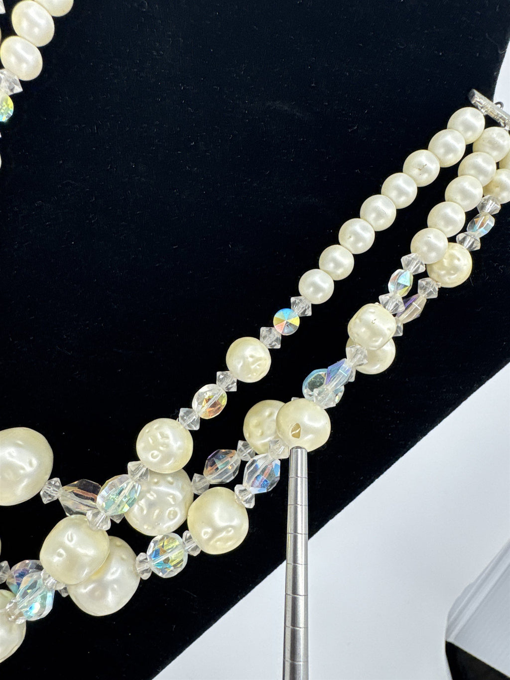 Vintage Costume Jewelry Faux Pearl Comet Asteroid Crystal Three-Strand Necklace