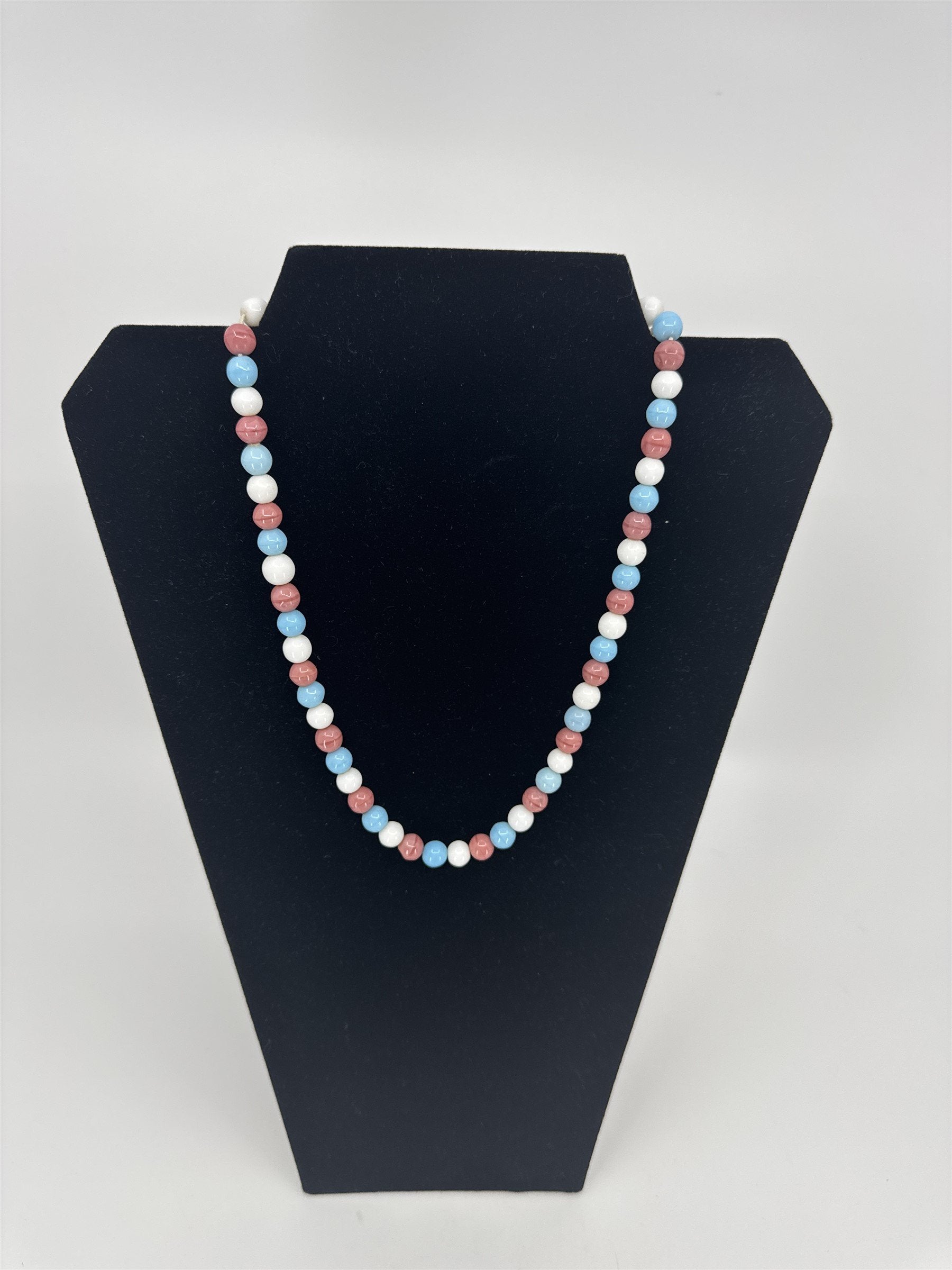 Vintage Womens Necklace Costume Jewelry Pink Blue and White Strung Beads