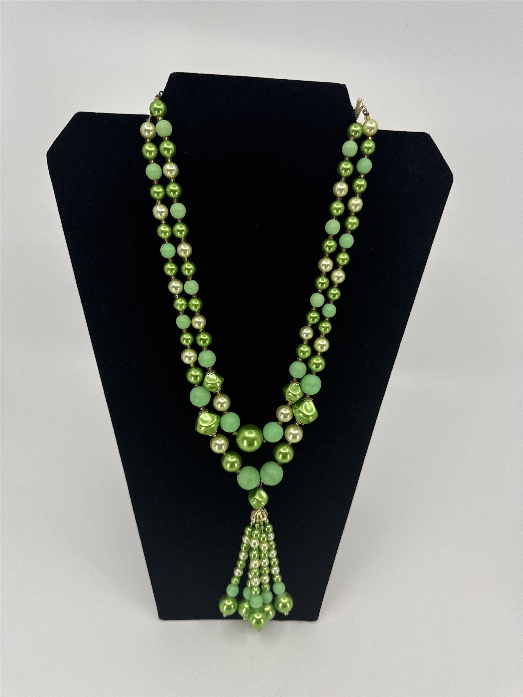 Vintage Womens Necklace 3-Strand Rose Green St. Patricks Day Necklace JAPAN