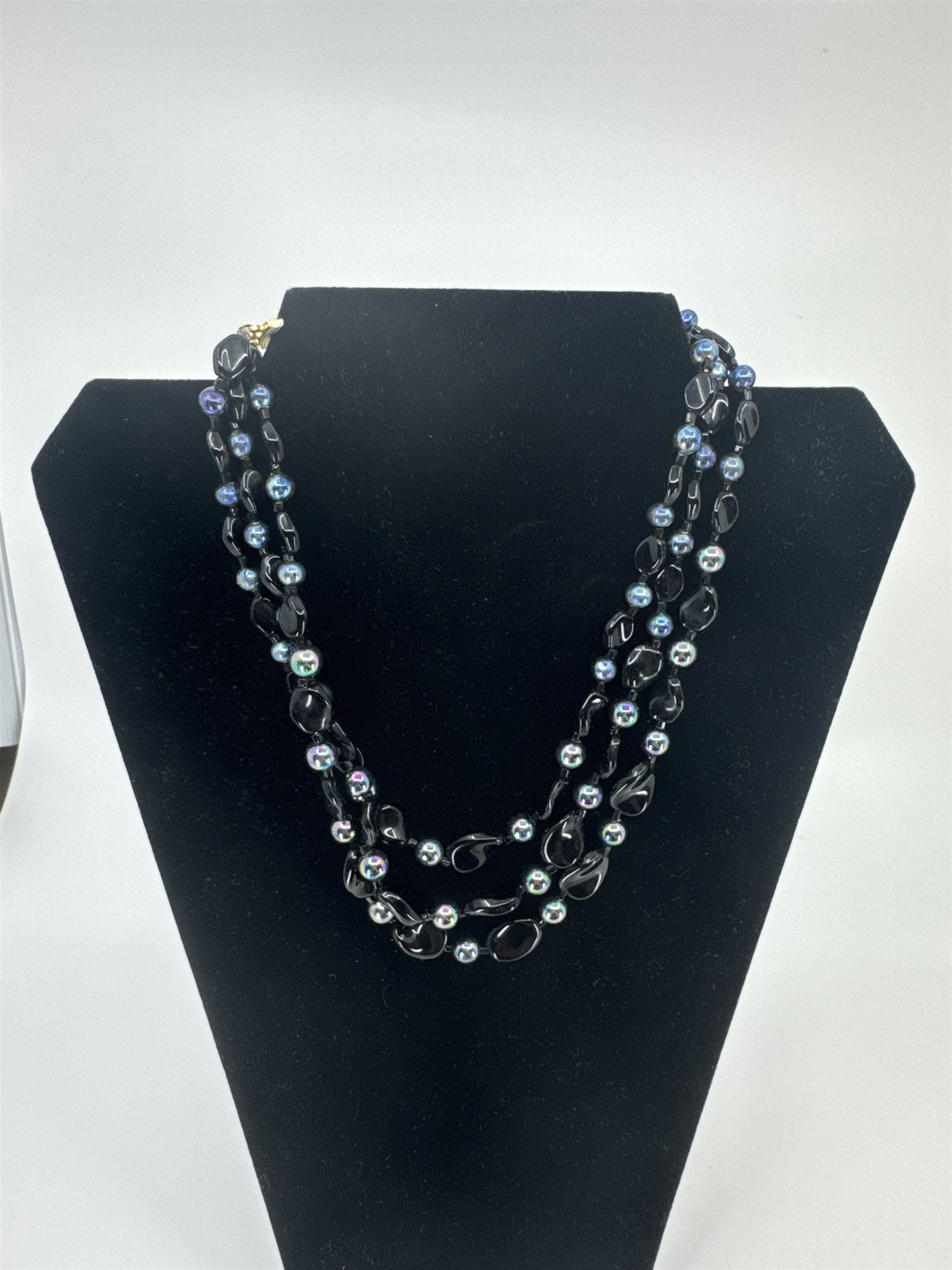 Vintage Womens Necklace Costume Jewelry JAPAN Black Stones and Iridescent Beads