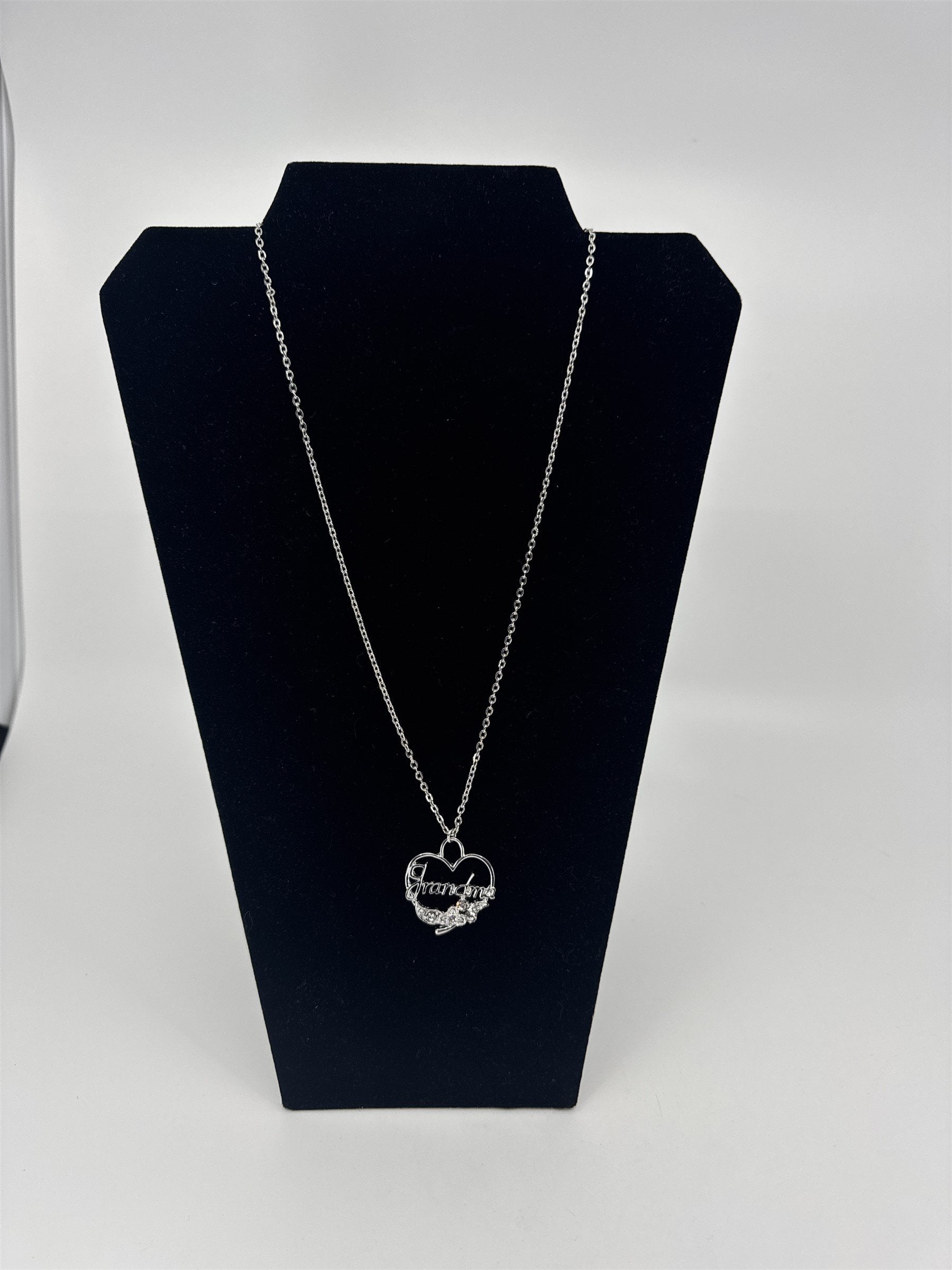 Silver Tone Grandma Necklace /w Floral Rhinestones Chain Necklace