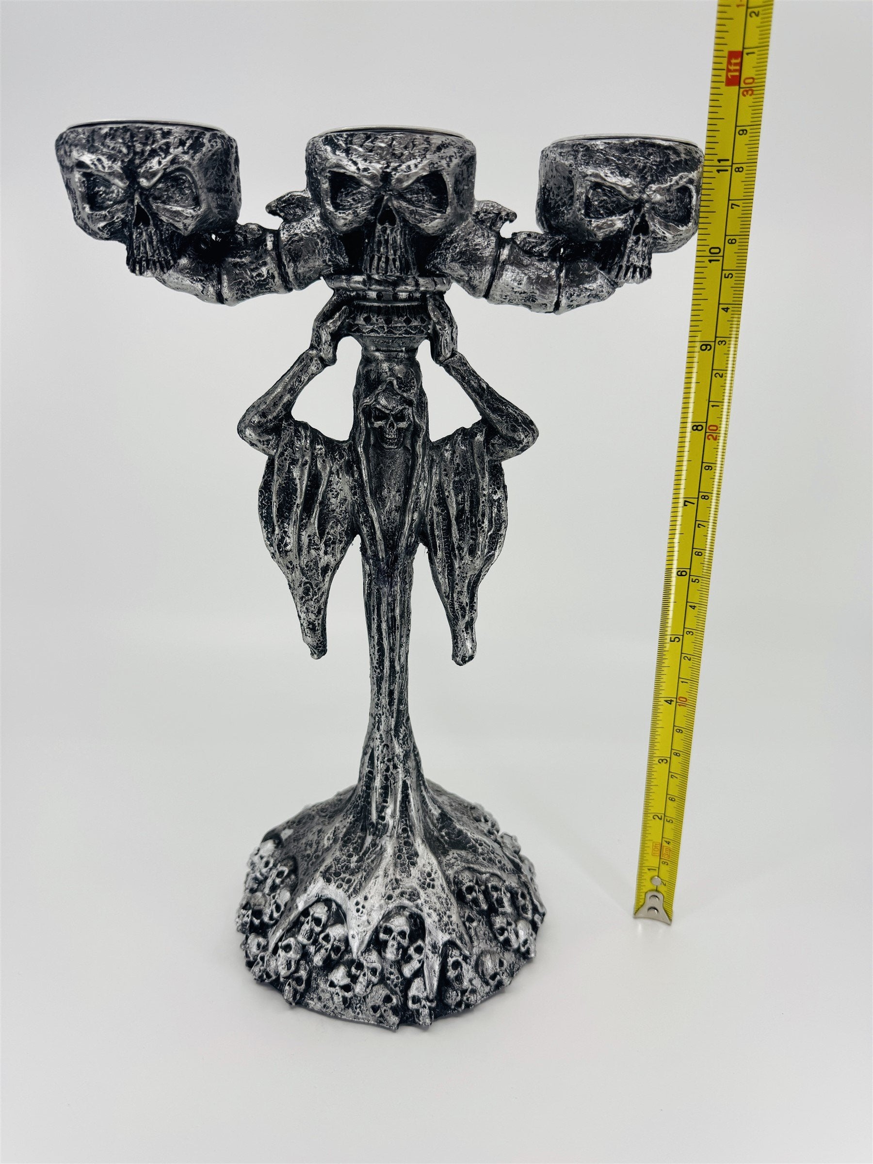 Skeleton & Skulls 3 Tealight Candle Holder Candelabra Composite Resin Halloween