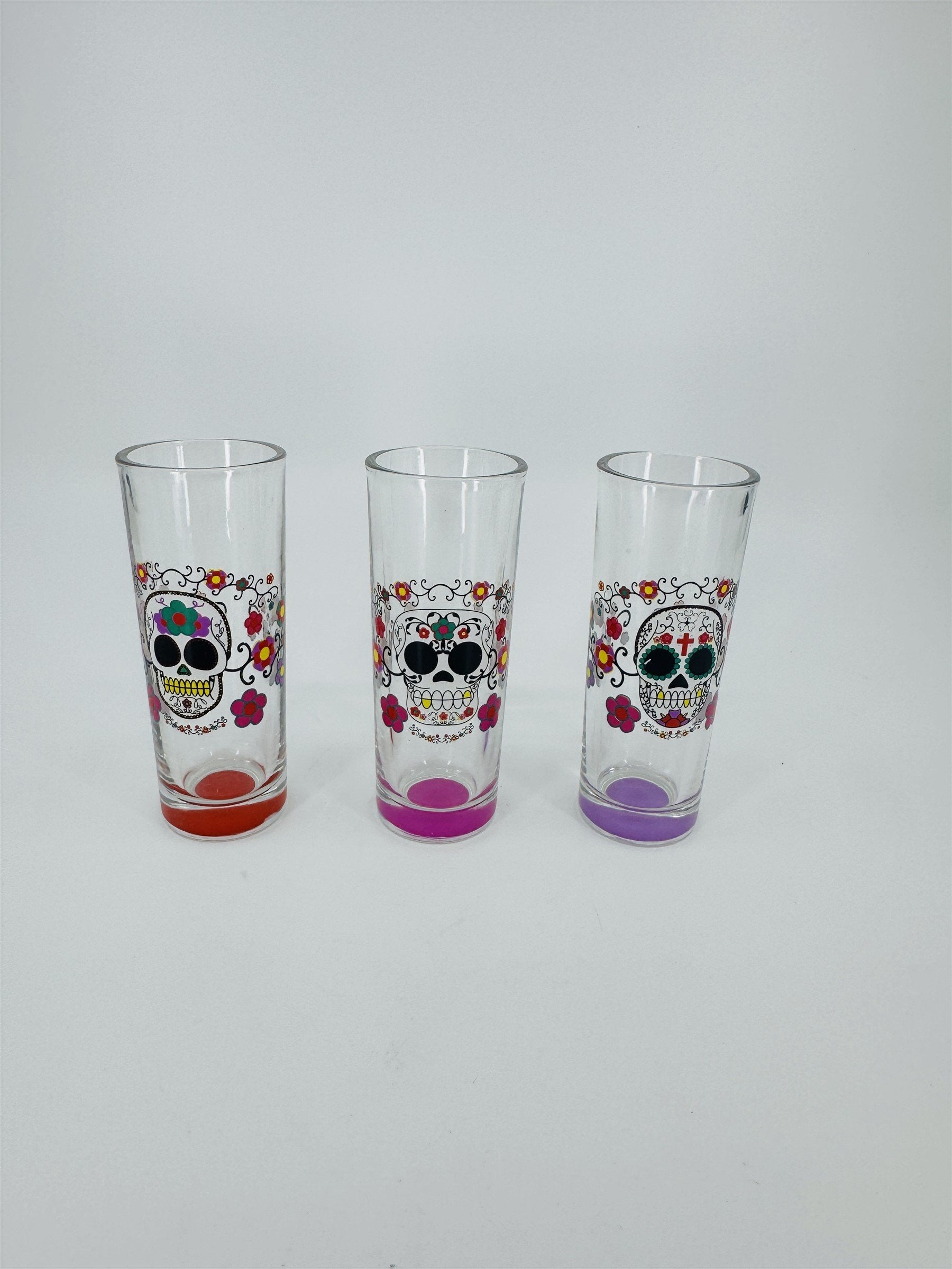 Set of 3 Sugar Skull Shot Shooter Glasses /w Painted Bottom Color Markers