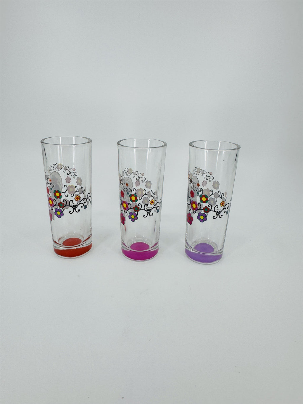 Set of 3 Sugar Skull Shot Shooter Glasses /w Painted Bottom Color Markers