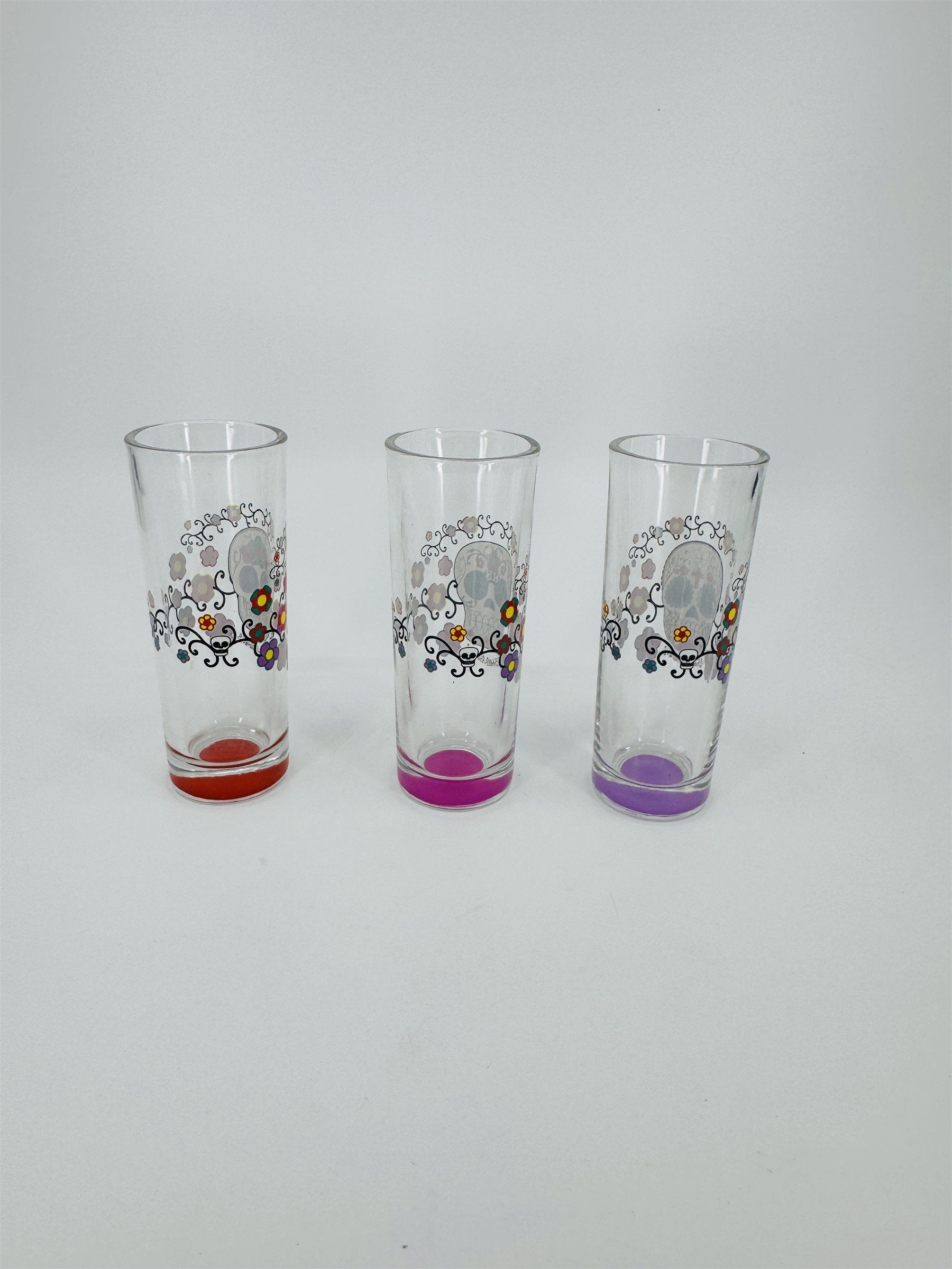 Set of 3 Sugar Skull Shot Shooter Glasses /w Painted Bottom Color Markers