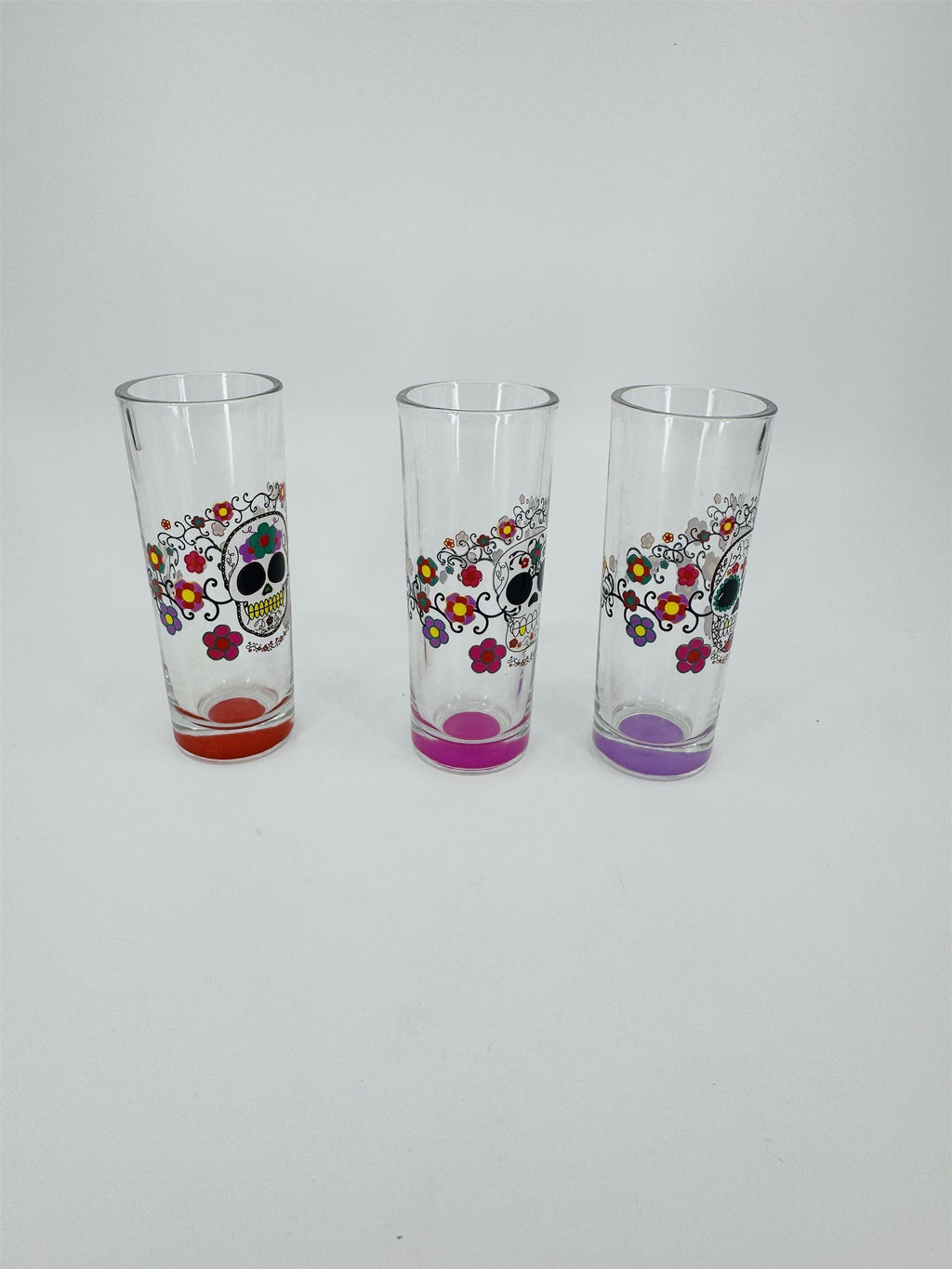 Set of 3 Sugar Skull Shot Shooter Glasses /w Painted Bottom Color Markers