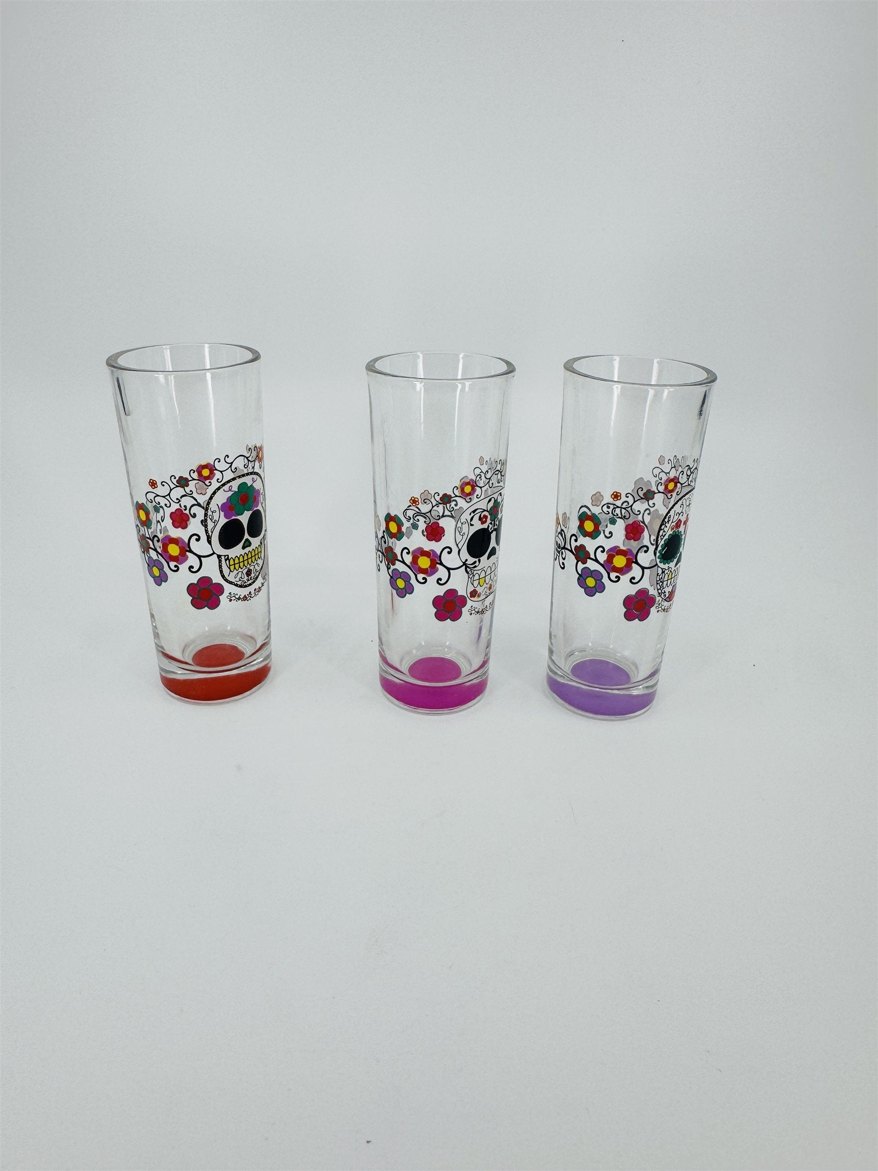 Set of 3 Sugar Skull Shot Shooter Glasses /w Painted Bottom Color Markers