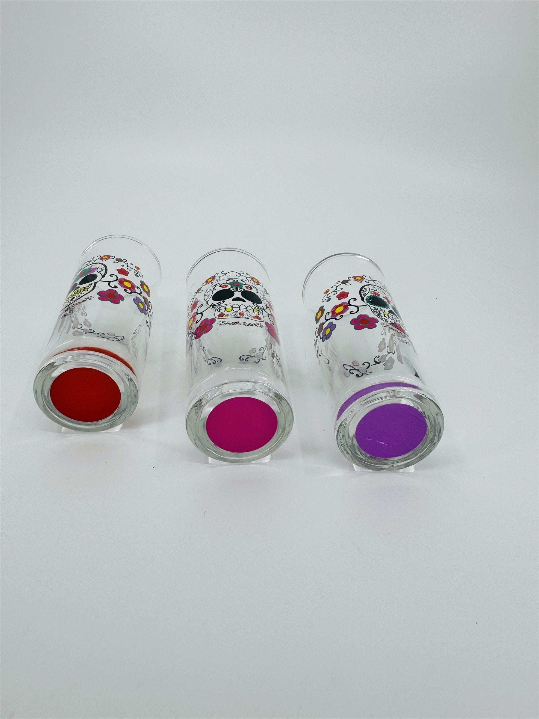 Set of 3 Sugar Skull Shot Shooter Glasses /w Painted Bottom Color Markers