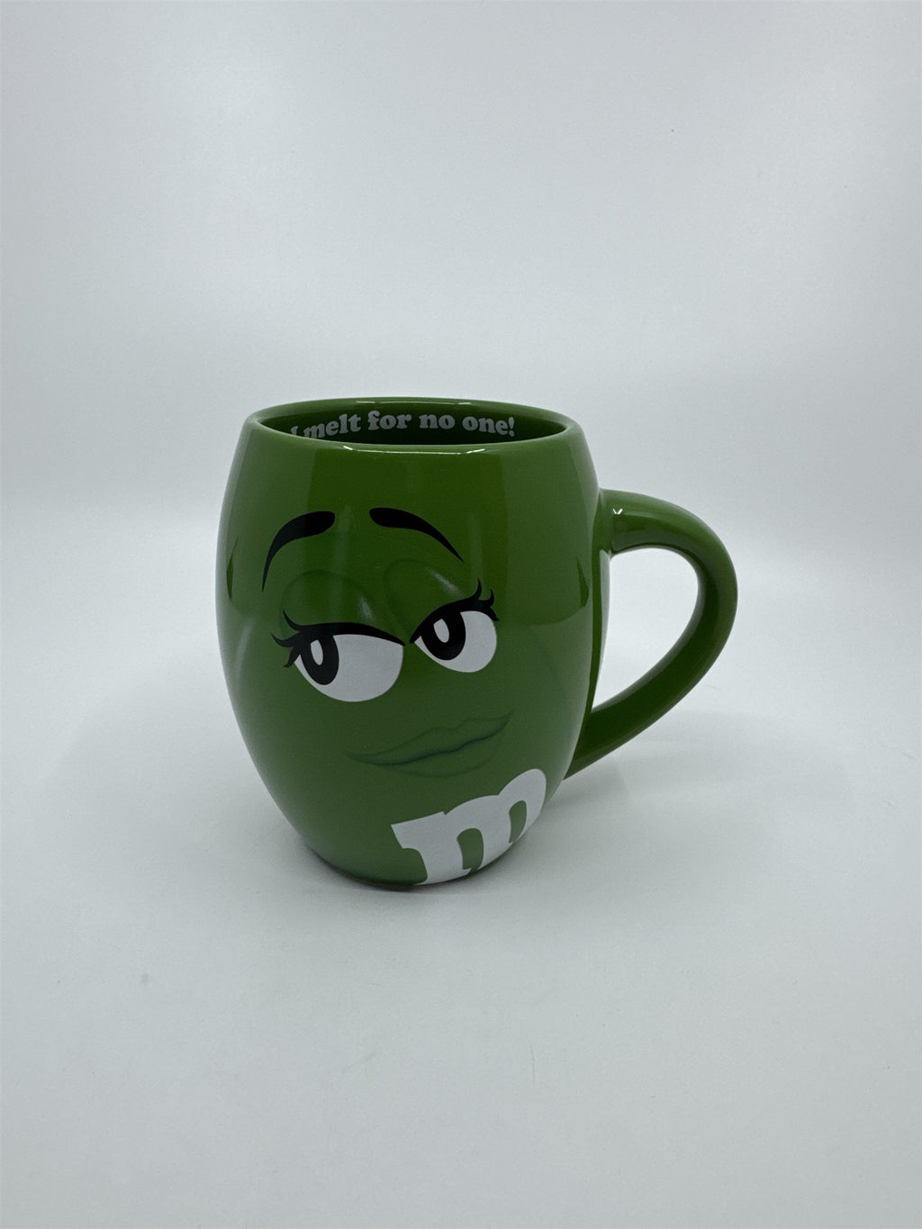 M&M World I Melt for No One Large 20oz Green Barrel Coffee Mug Cup (Chip/Crack)