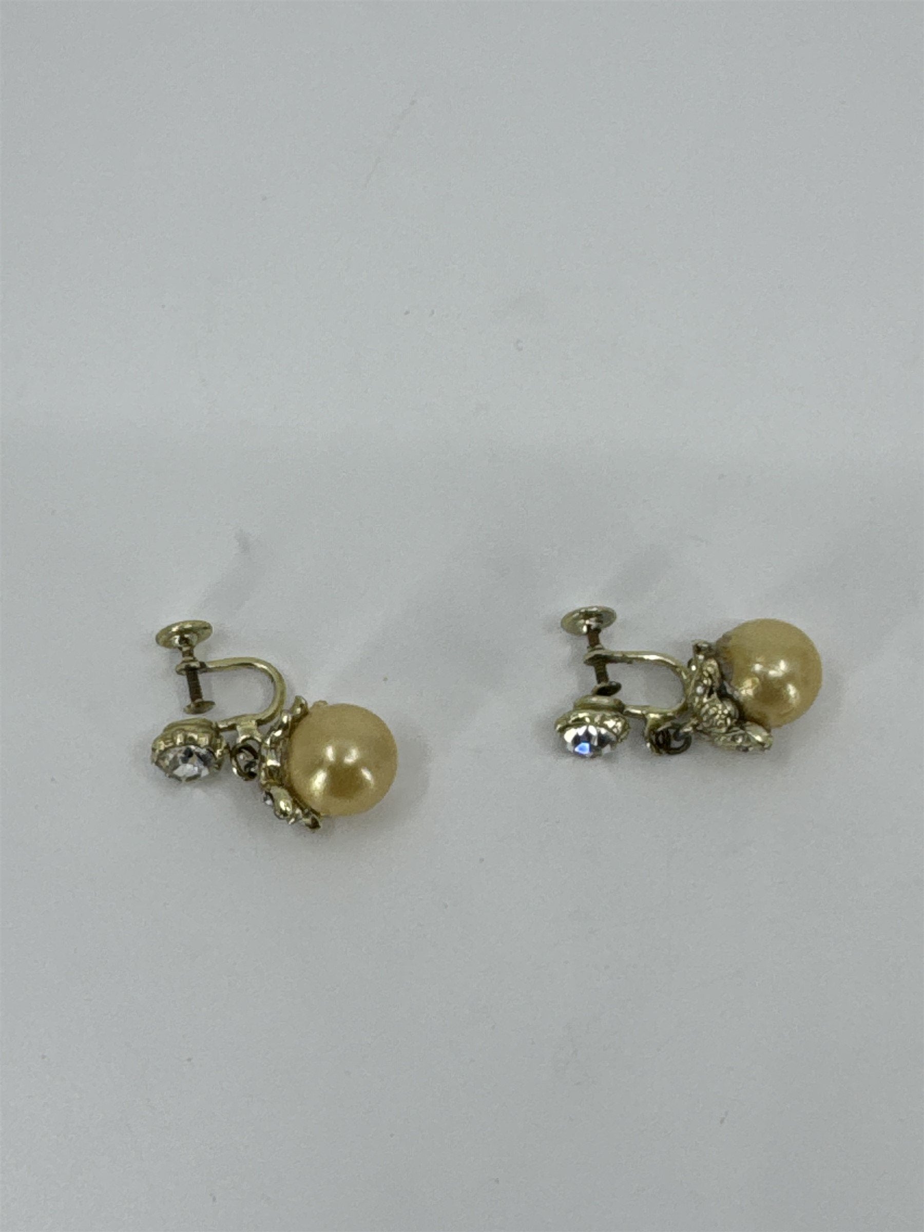 Vintage Faux Pearl and Rhinestone Clip-On Earrings Costume Jewelry