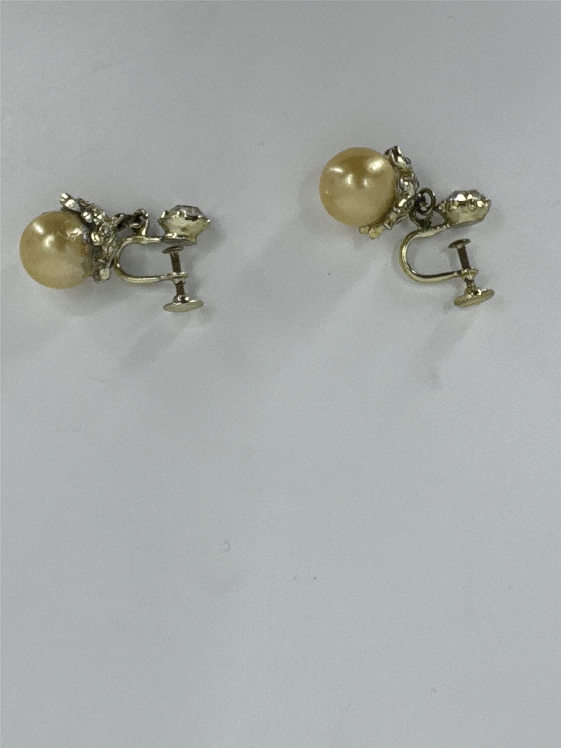 Vintage Faux Pearl and Rhinestone Clip-On Earrings Costume Jewelry