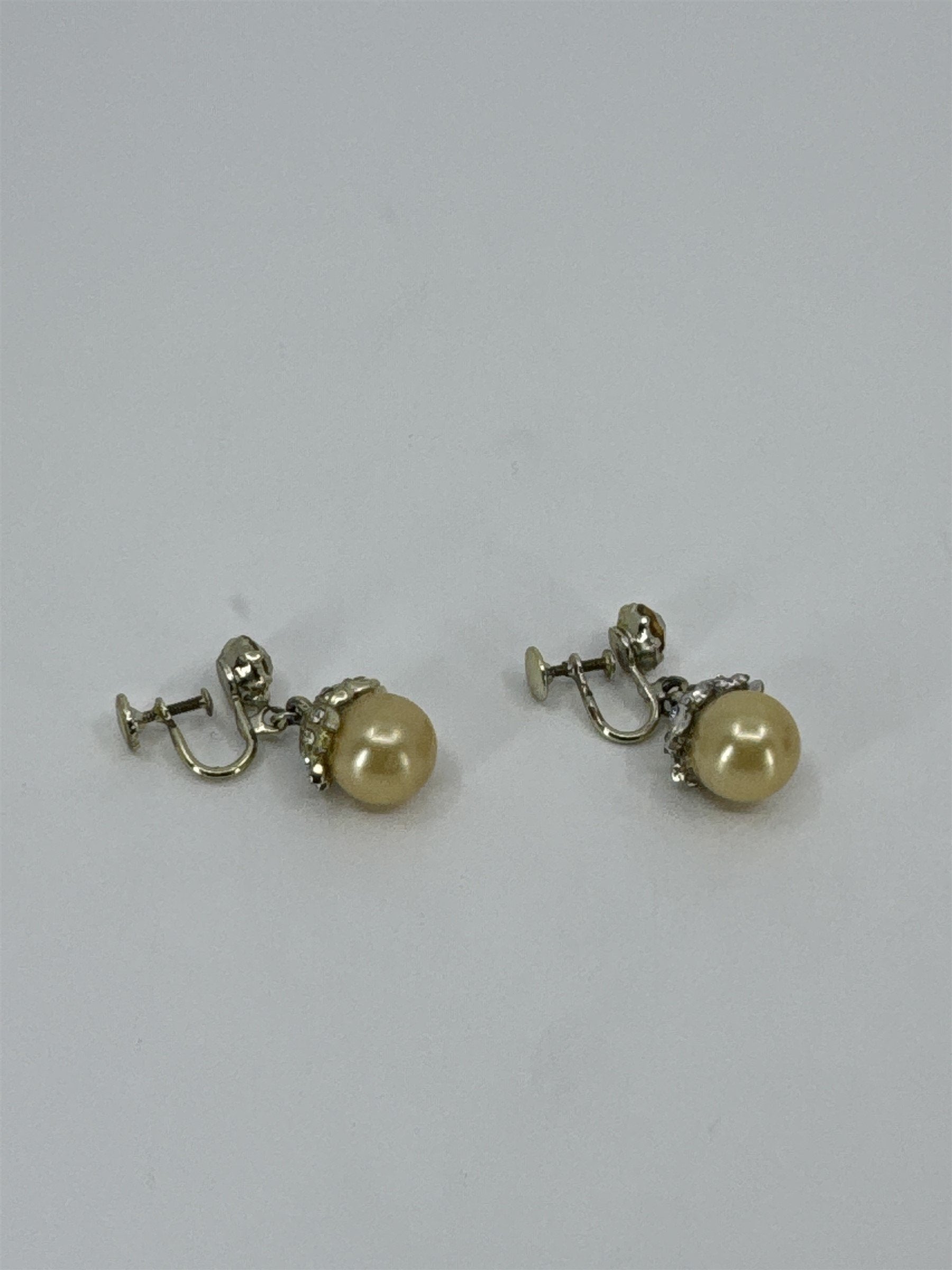 Vintage Faux Pearl and Rhinestone Clip-On Earrings Costume Jewelry