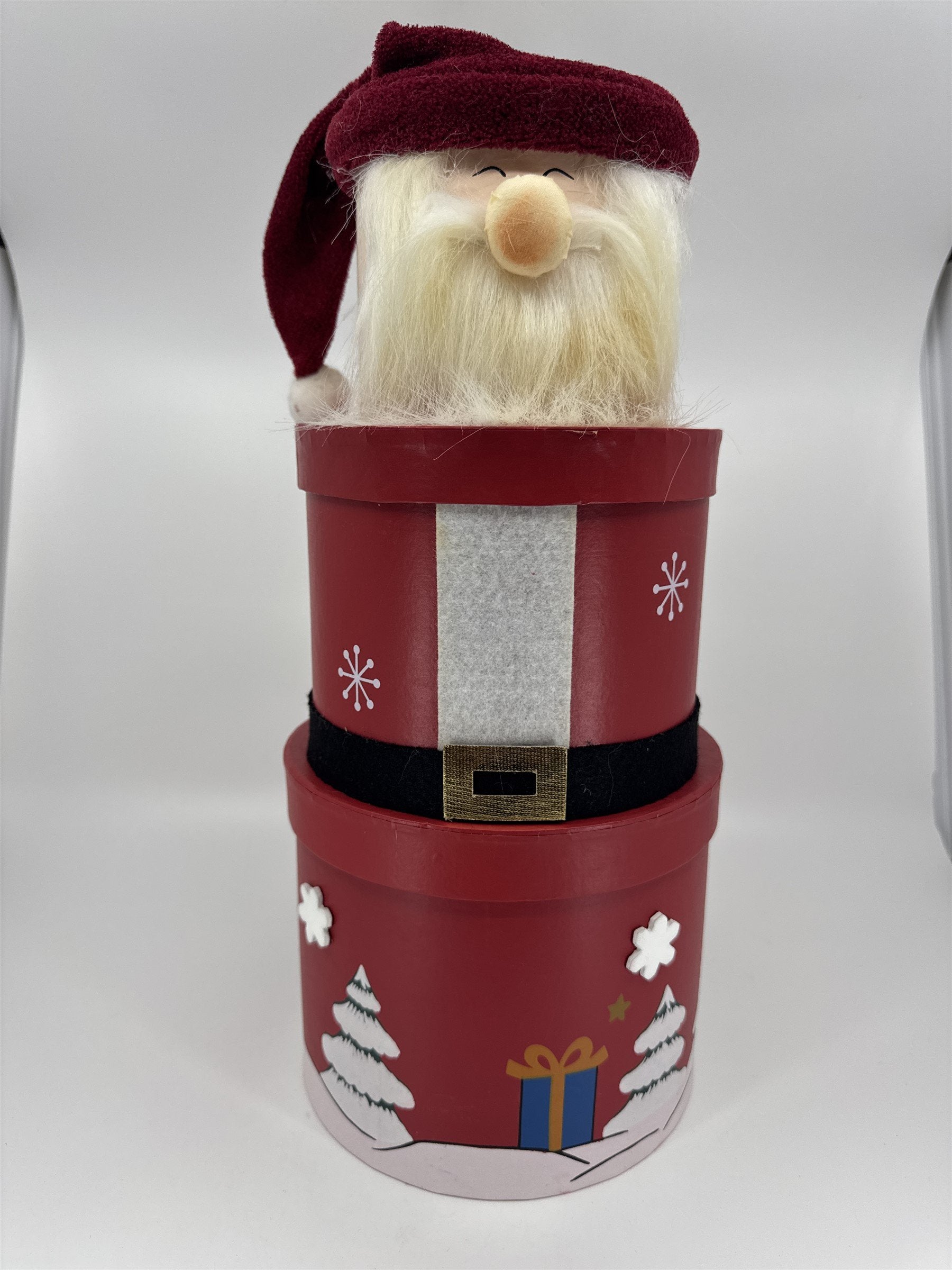 Vintage Stackable Santa Boxes /w Beard Snowmen Trees Cardboard Round Santa Hat