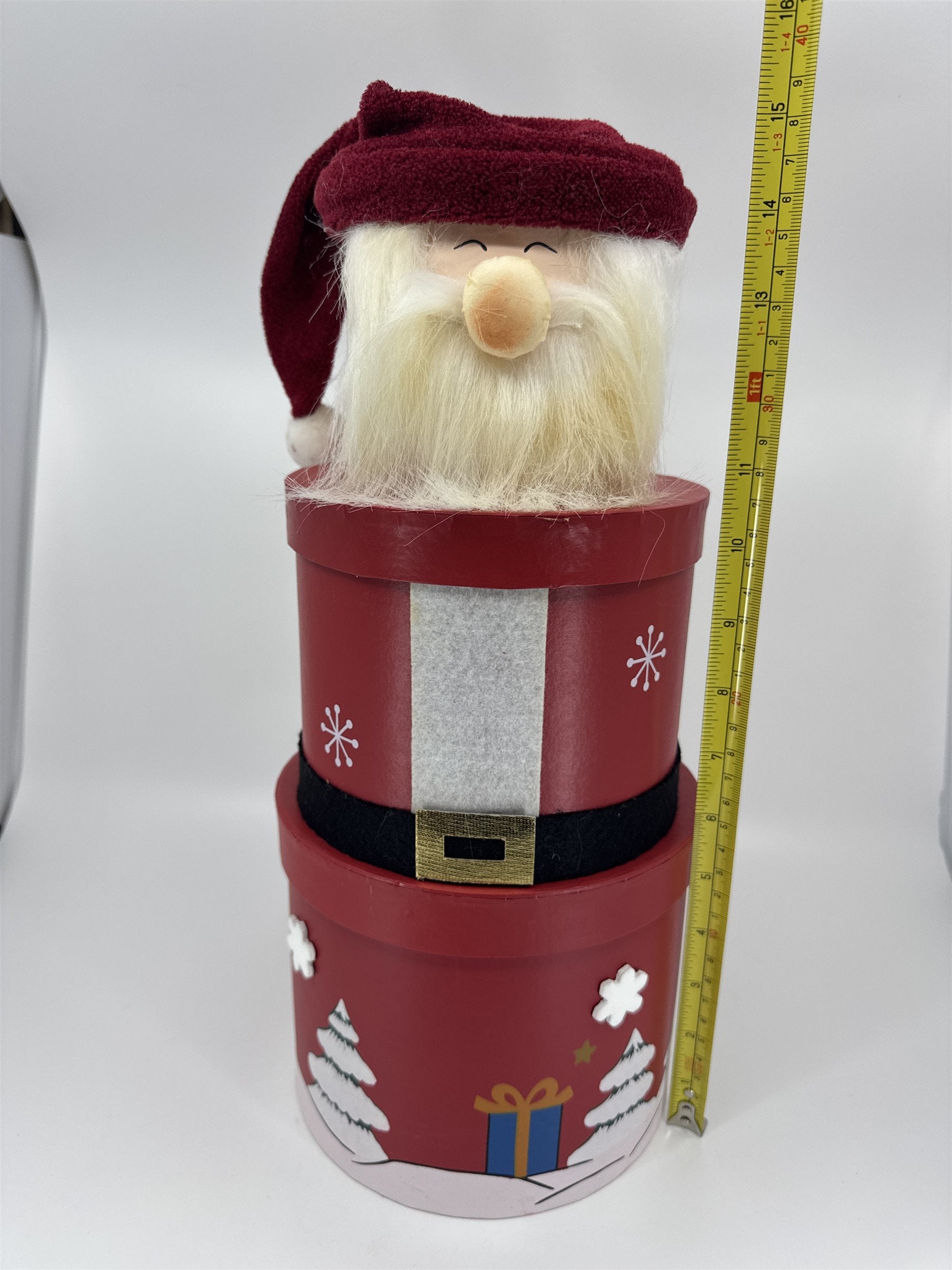 Vintage Stackable Santa Boxes /w Beard Snowmen Trees Cardboard Round Santa Hat