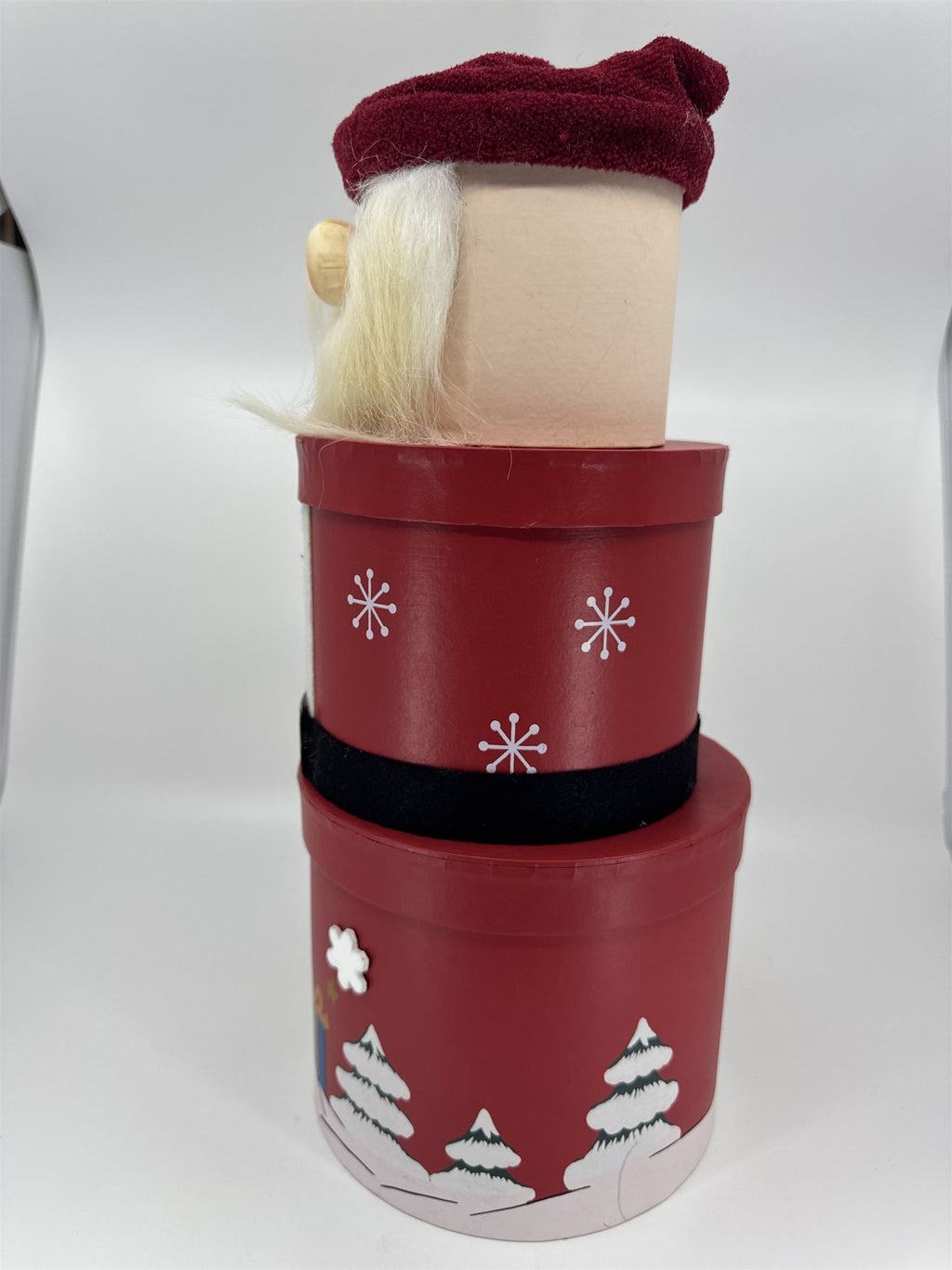 Vintage Stackable Santa Boxes /w Beard Snowmen Trees Cardboard Round Santa Hat