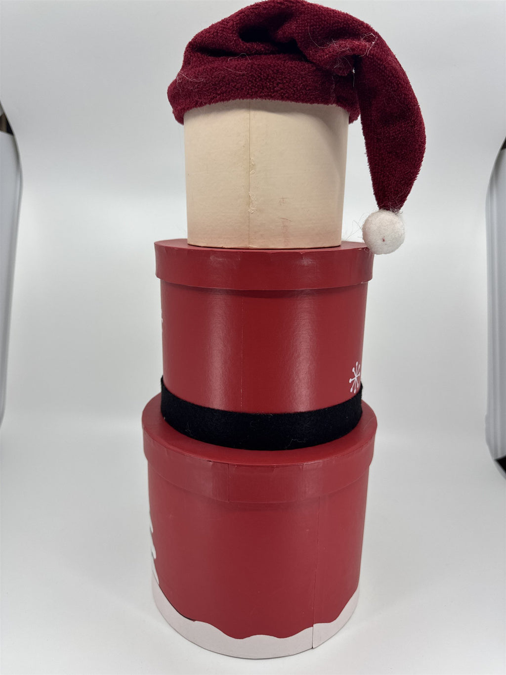 Vintage Stackable Santa Boxes /w Beard Snowmen Trees Cardboard Round Santa Hat