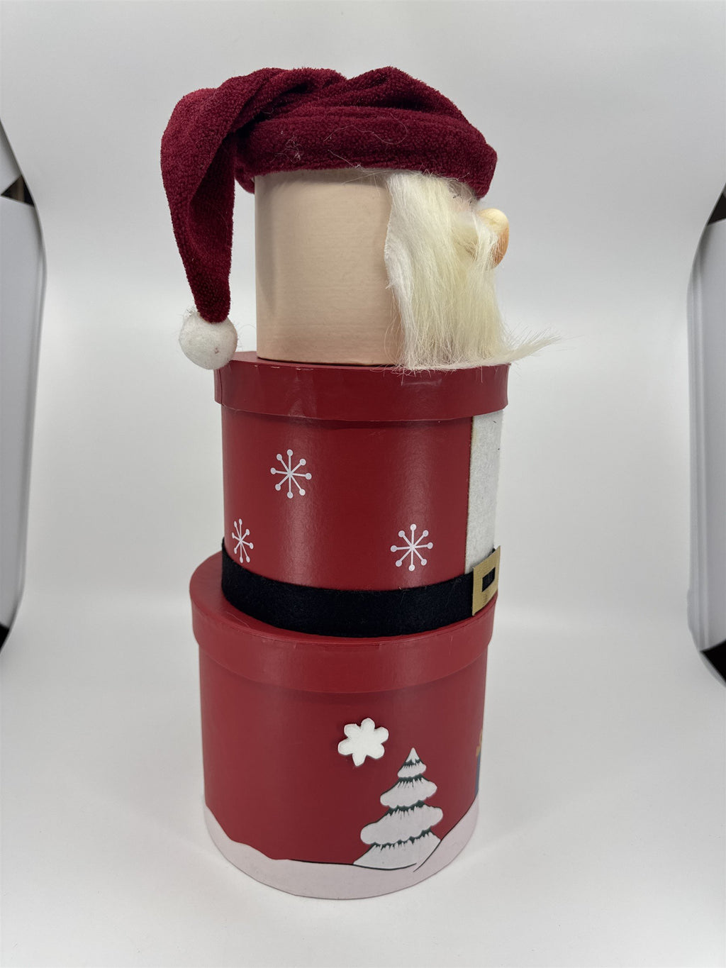 Vintage Stackable Santa Boxes /w Beard Snowmen Trees Cardboard Round Santa Hat