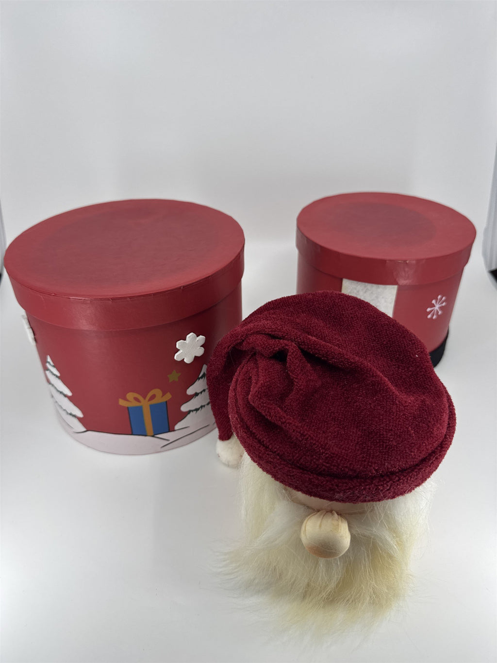 Vintage Stackable Santa Boxes /w Beard Snowmen Trees Cardboard Round Santa Hat