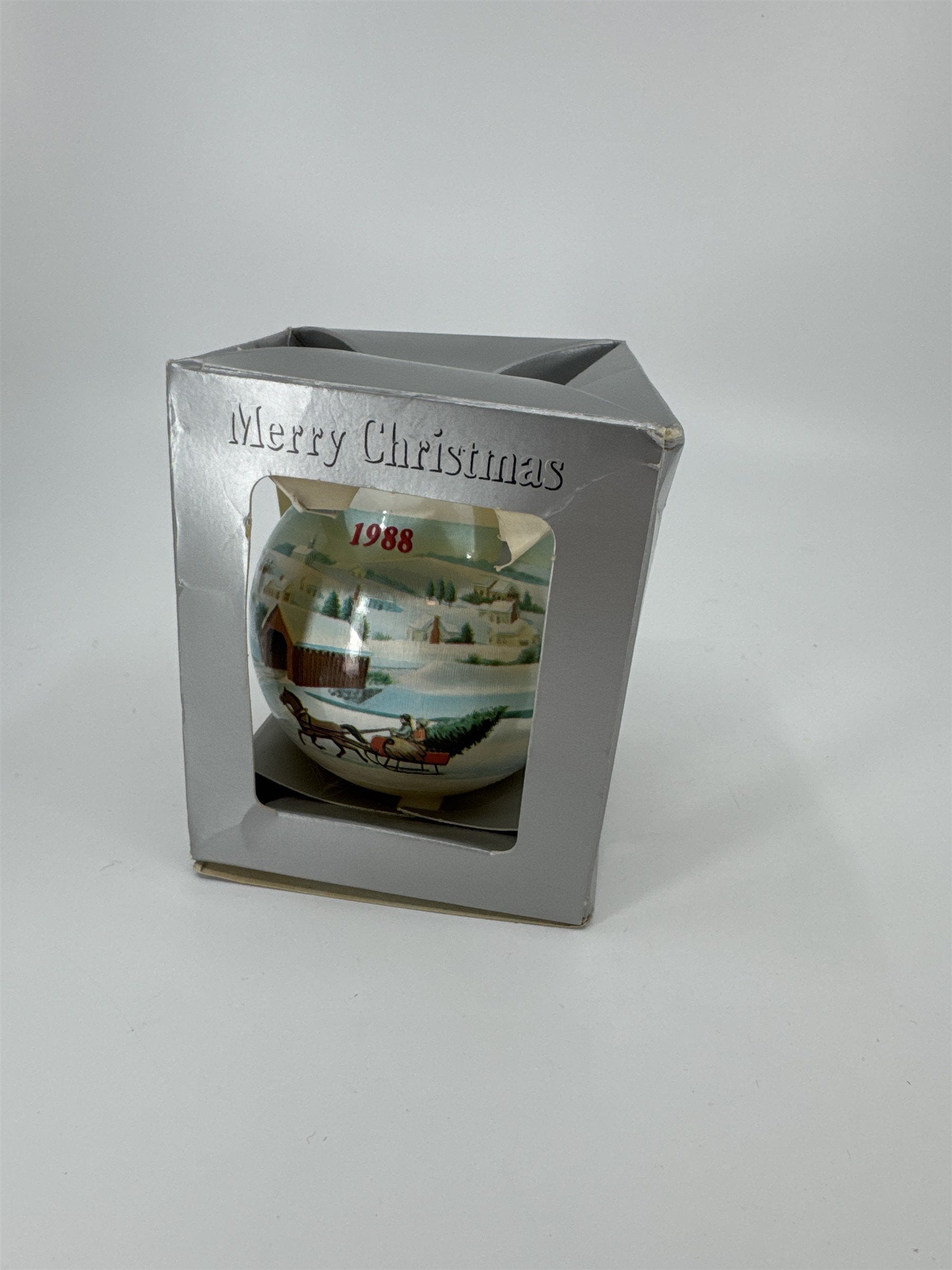 Vintage 1988 Hallmark Christmas Ornament Kmart Ball Shining Glass Barn Sleigh