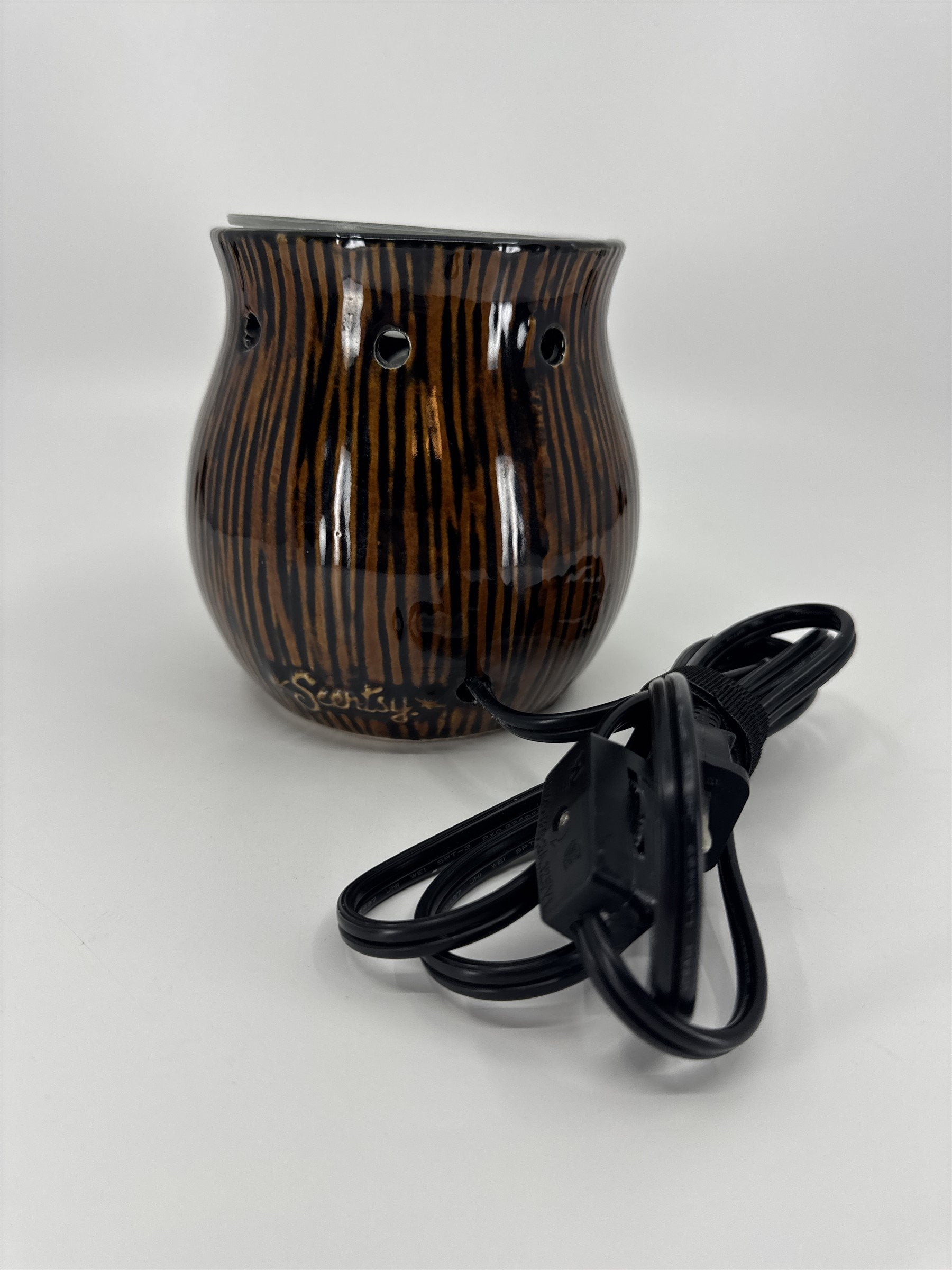 Scentsy Zingana Black Brown Stripes Wood-Grain Rustic Wax Warmer Heater WORKS