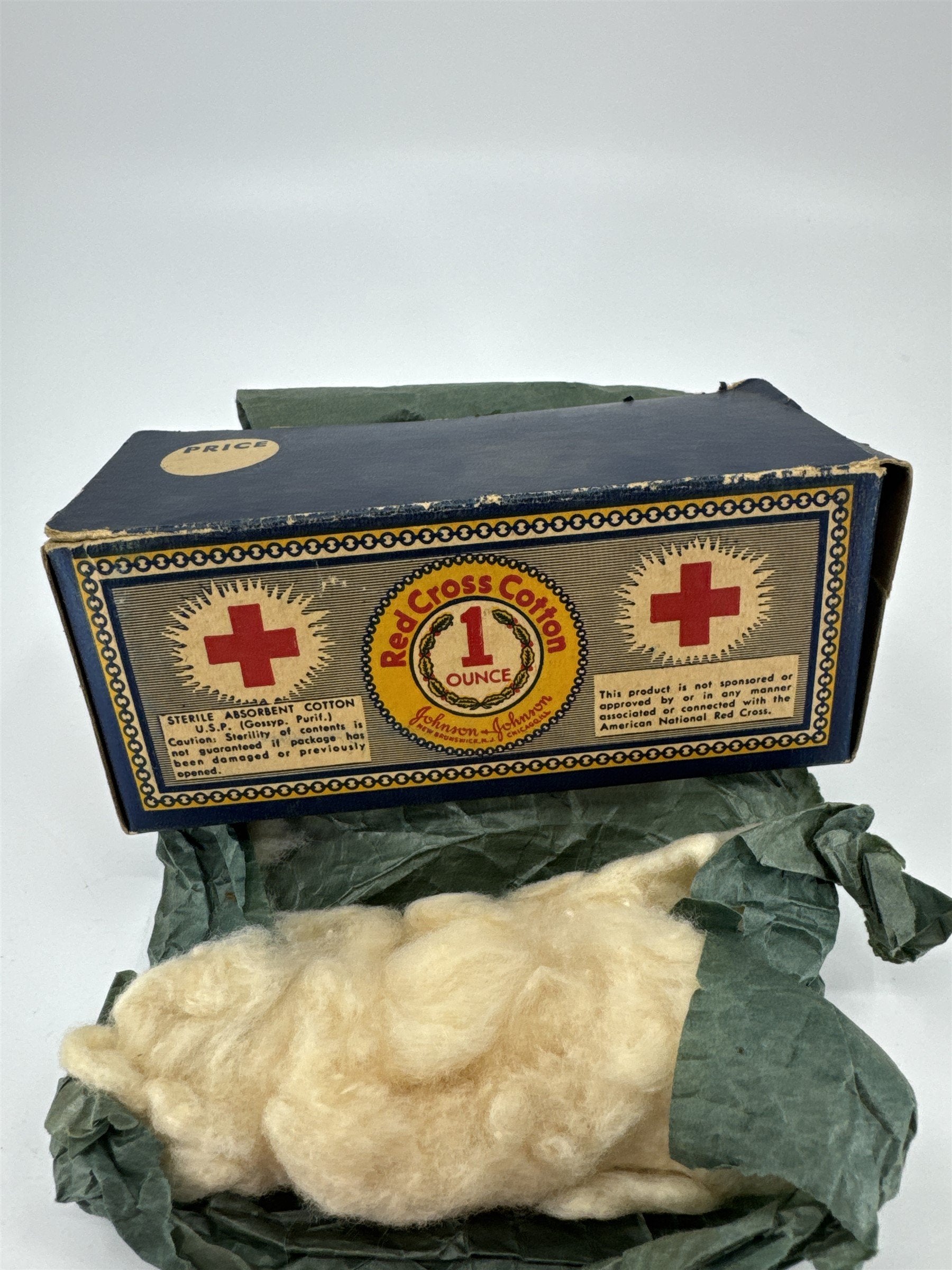 Vintage Johnson & Johnson Red Cross Cotton 1oz Box /w Original Cotton Contents