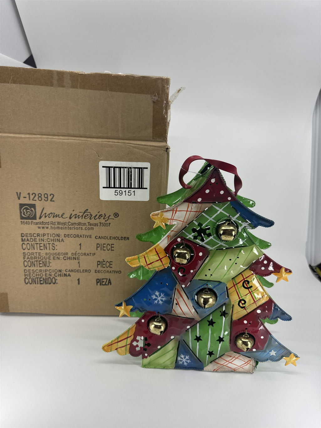 Home Interiors Metal Christmas Tree Candle Holder With Bells and Glass 59151 NOS