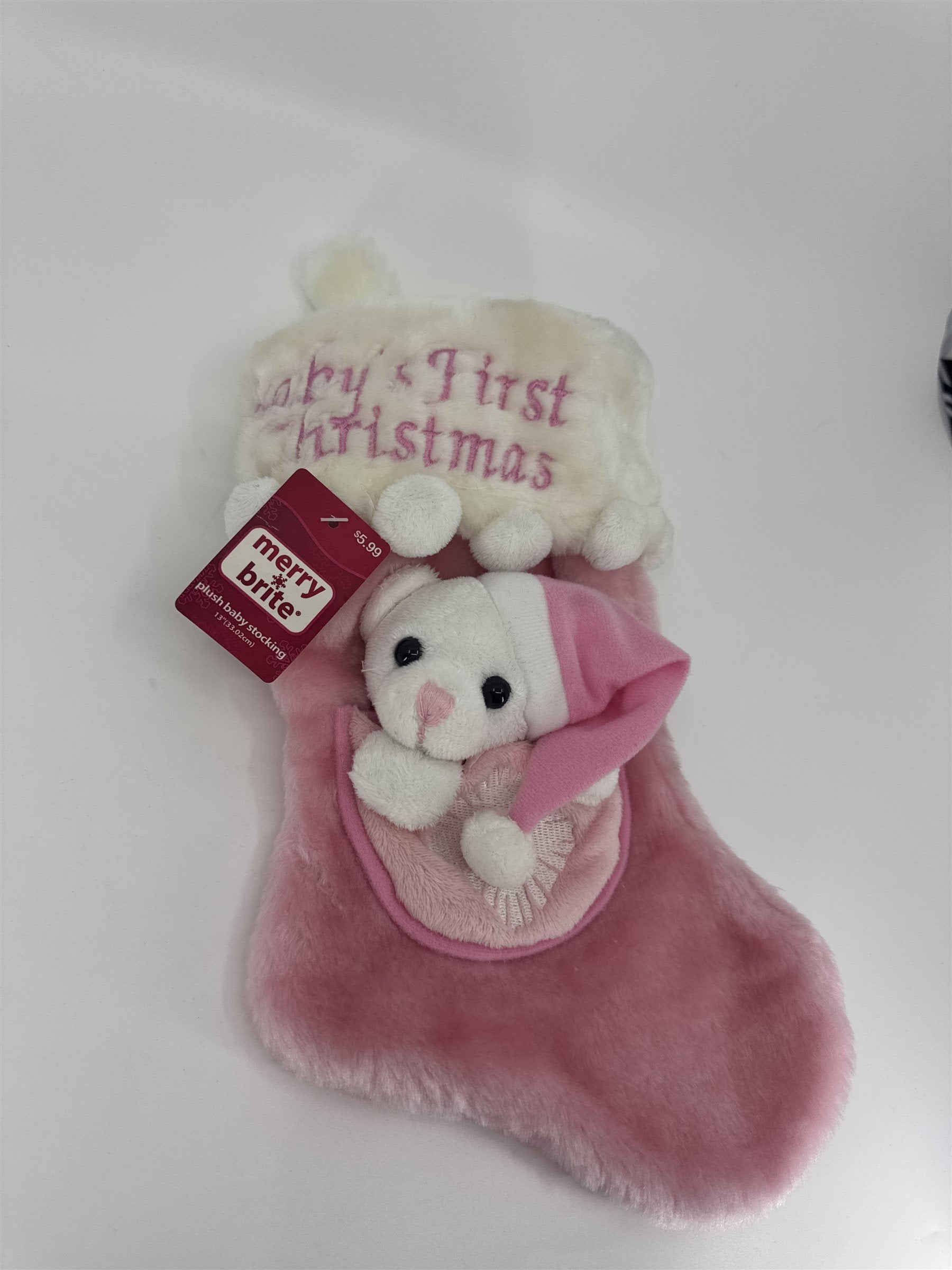 Merry Brite Baby's First Christmas Plush Baby Stocking 13" /w Mini Animal
