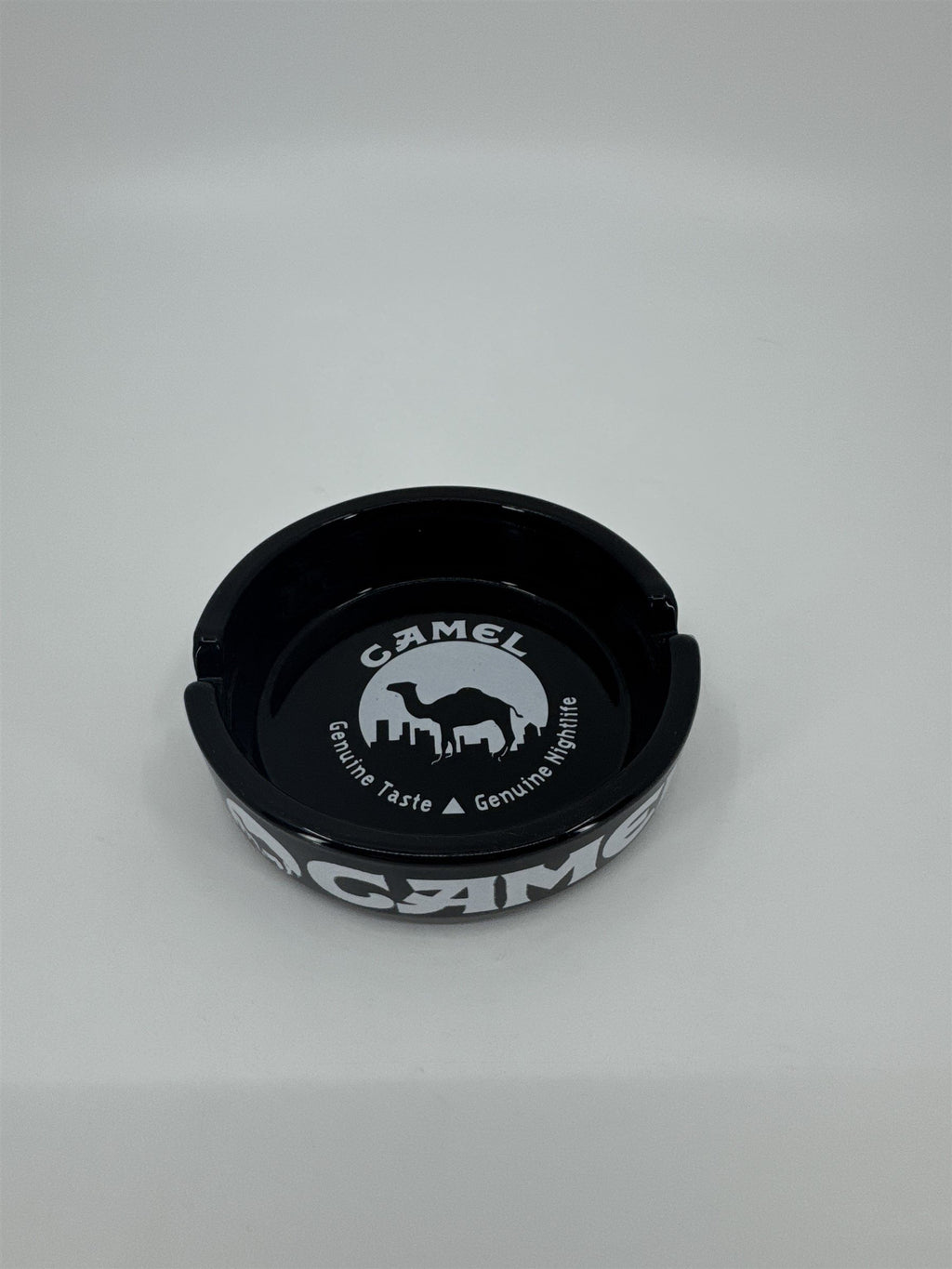 Vintage Camel Genuine Taste Genuine Nightlife Black and White Ashtray 4.25"