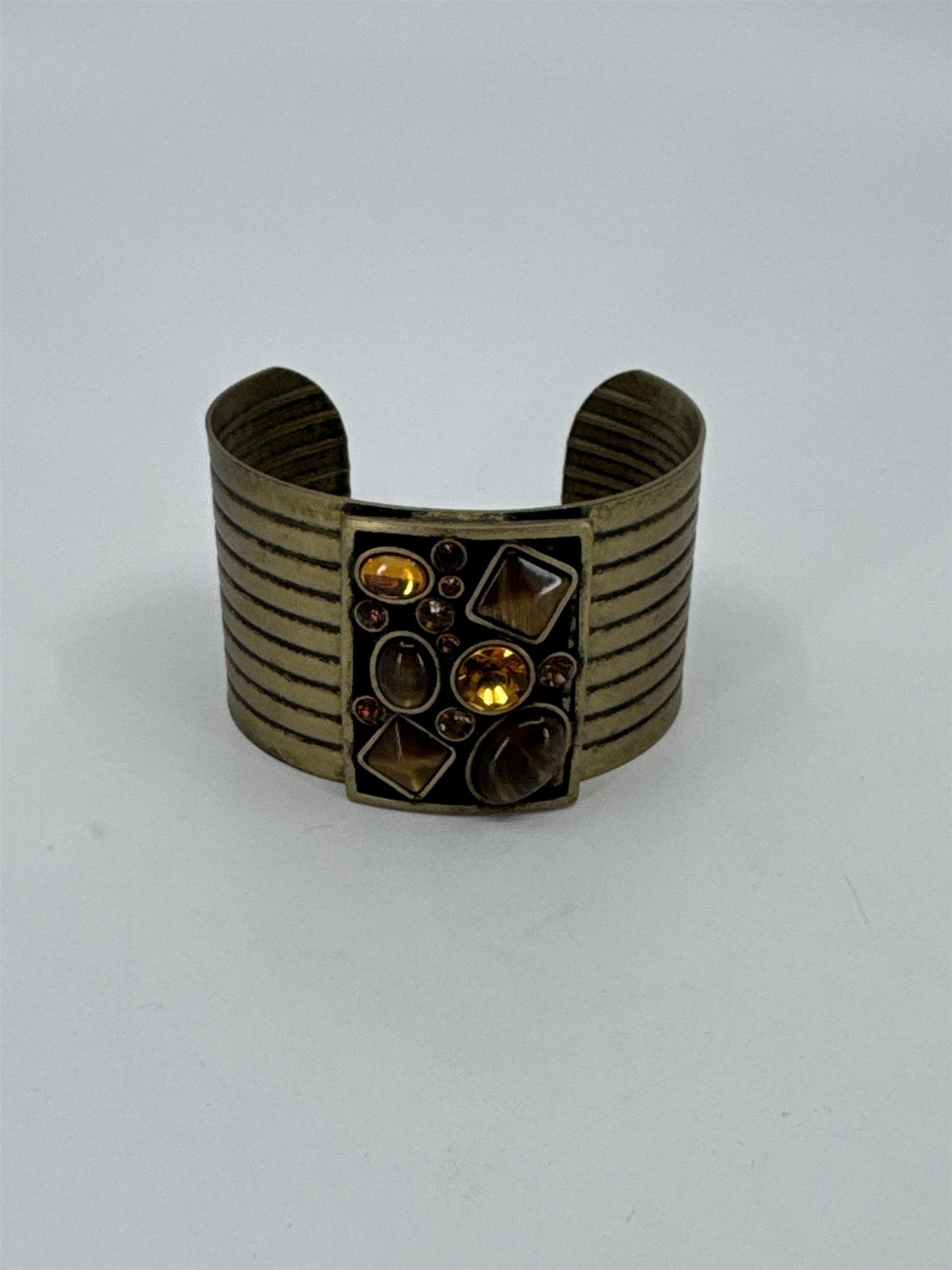 Vintage Brass Bronze Tone Boho Chic Rhinestones Cabochon Ribbed Cuff Bracelet