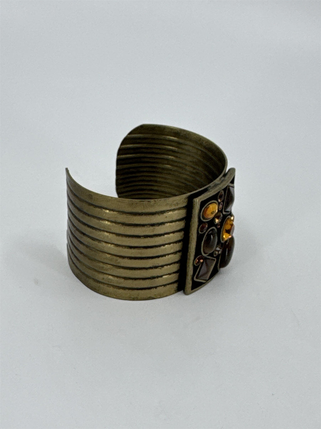 Vintage Brass Bronze Tone Boho Chic Rhinestones Cabochon Ribbed Cuff Bracelet