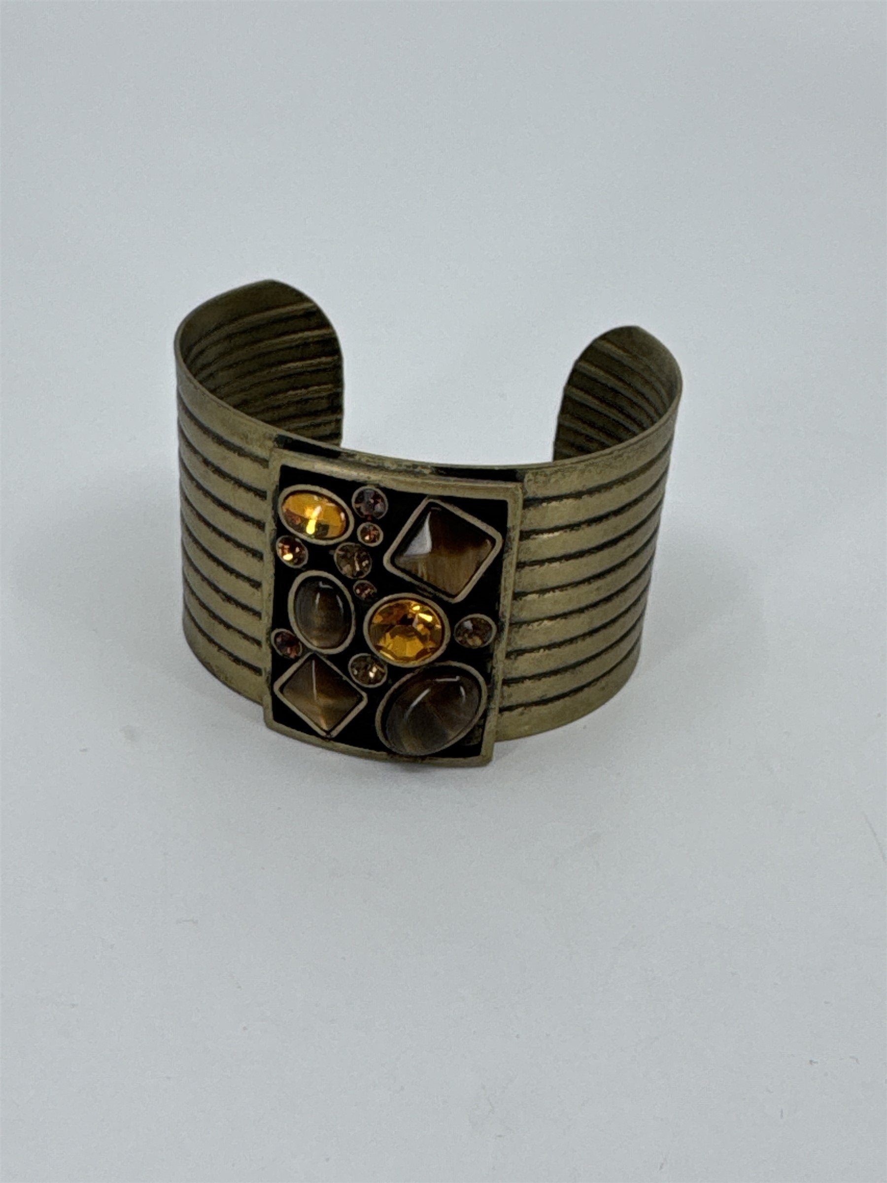 Vintage Brass Bronze Tone Boho Chic Rhinestones Cabochon Ribbed Cuff Bracelet