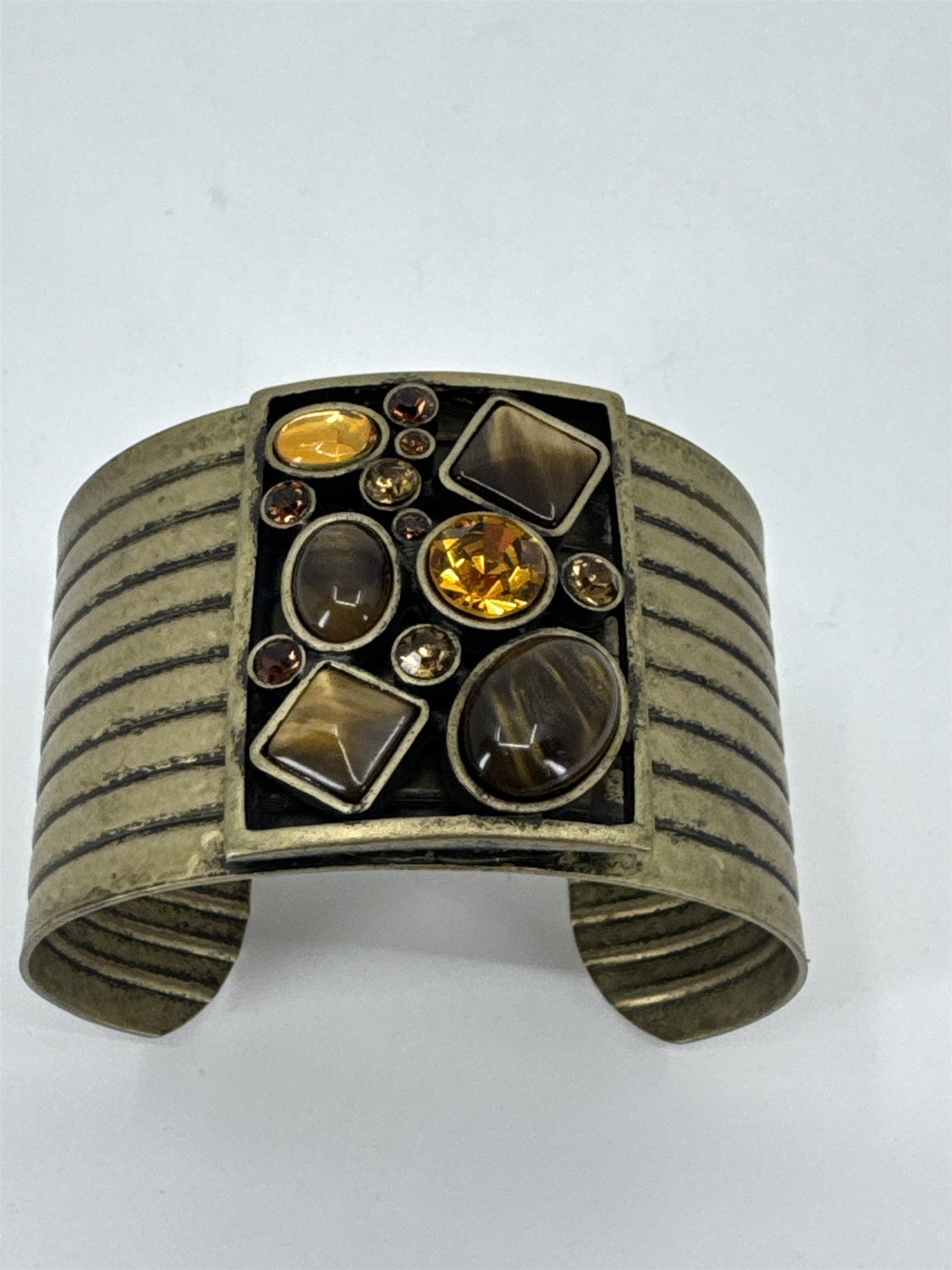Vintage Brass Bronze Tone Boho Chic Rhinestones Cabochon Ribbed Cuff Bracelet
