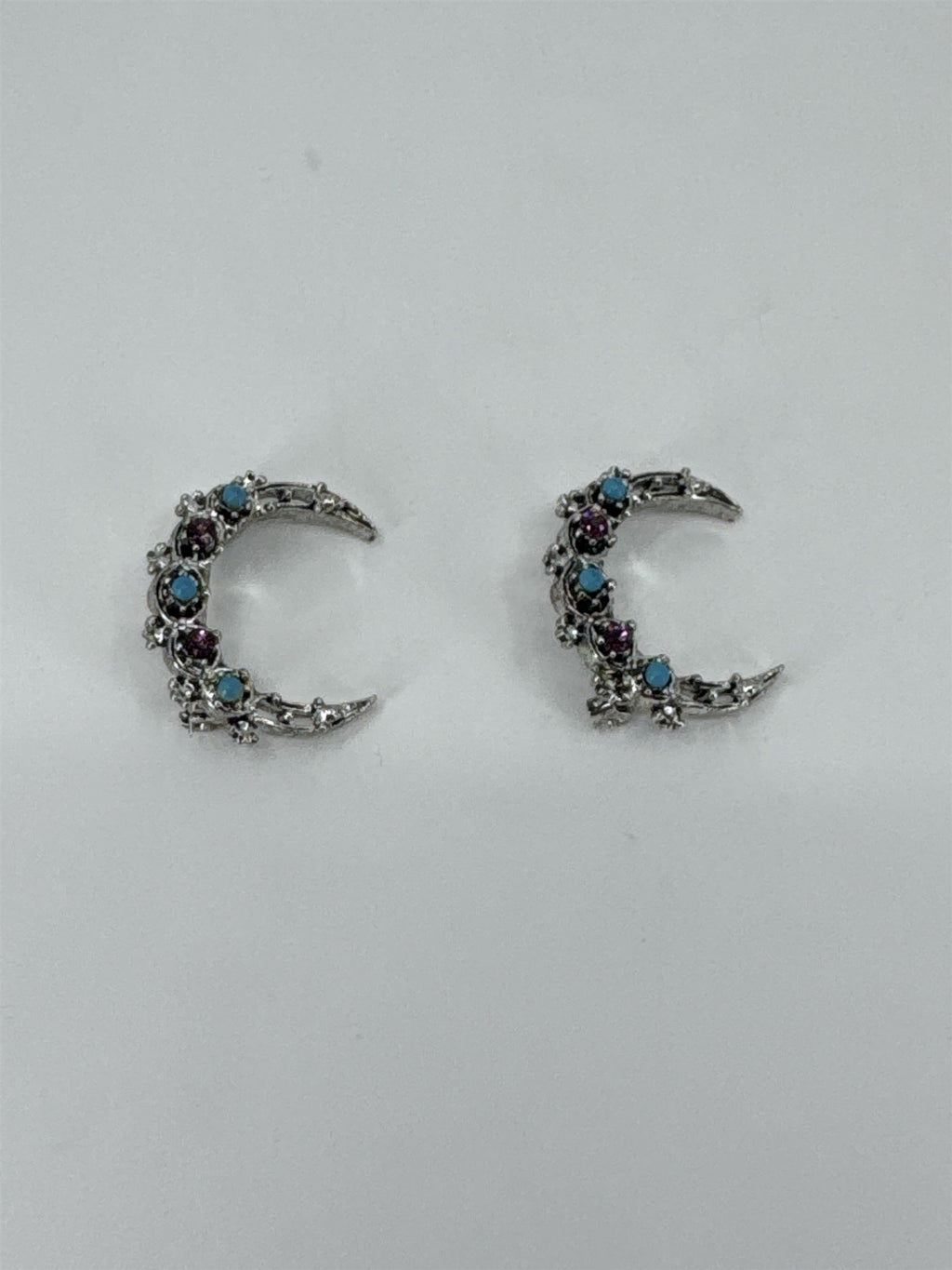 Vintage Set of 2 Signed GERRY'S Rhinestone Crescent Moon Brooch Pins Blue/Purple